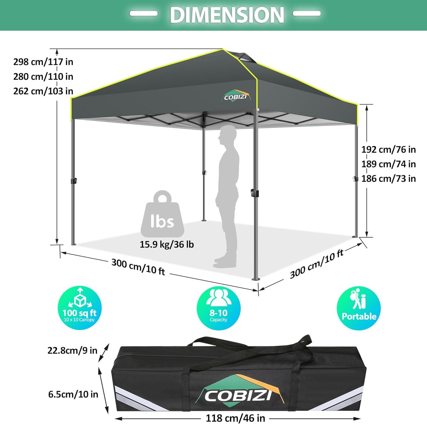 image:imageCOBIZI 10x10 Pop up Canopy Tent with SidewallsOne Push Setup Tent for Parties Waterproof amp UV 50 Outdoor Commercial Gazebo with Air Vent Reflective Strip4 Sandbags for Garden BeachBlackGrey1year warranty