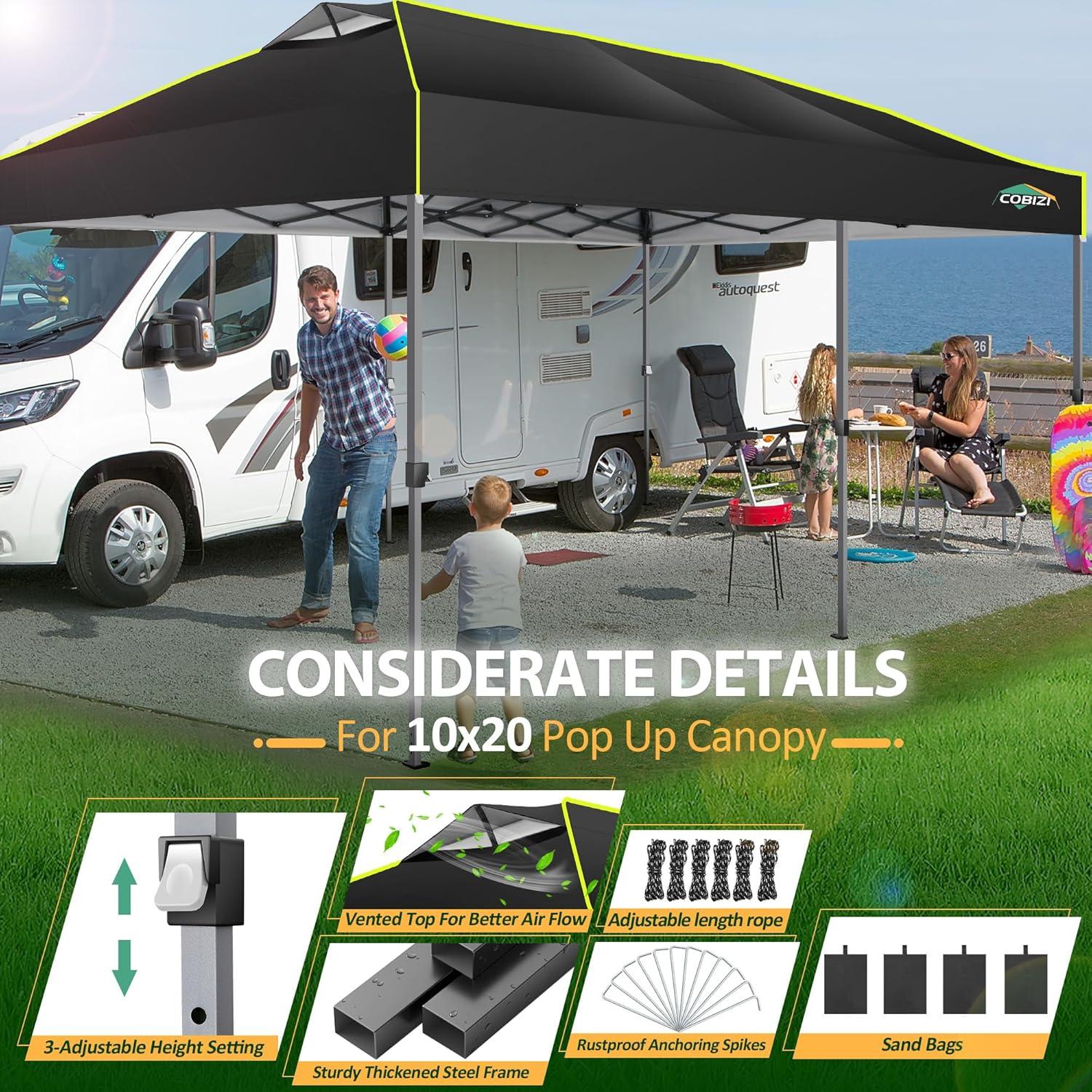 image:imageCOBIZI 10x20 Pop Up Canopy Tent Ez Up Commercial Outdoor Canopy Wedding Party Tents with Center Lock Instant Folding Shelter with Reflective Strip Air Vent amp 4 Sandbags 10X20 Black