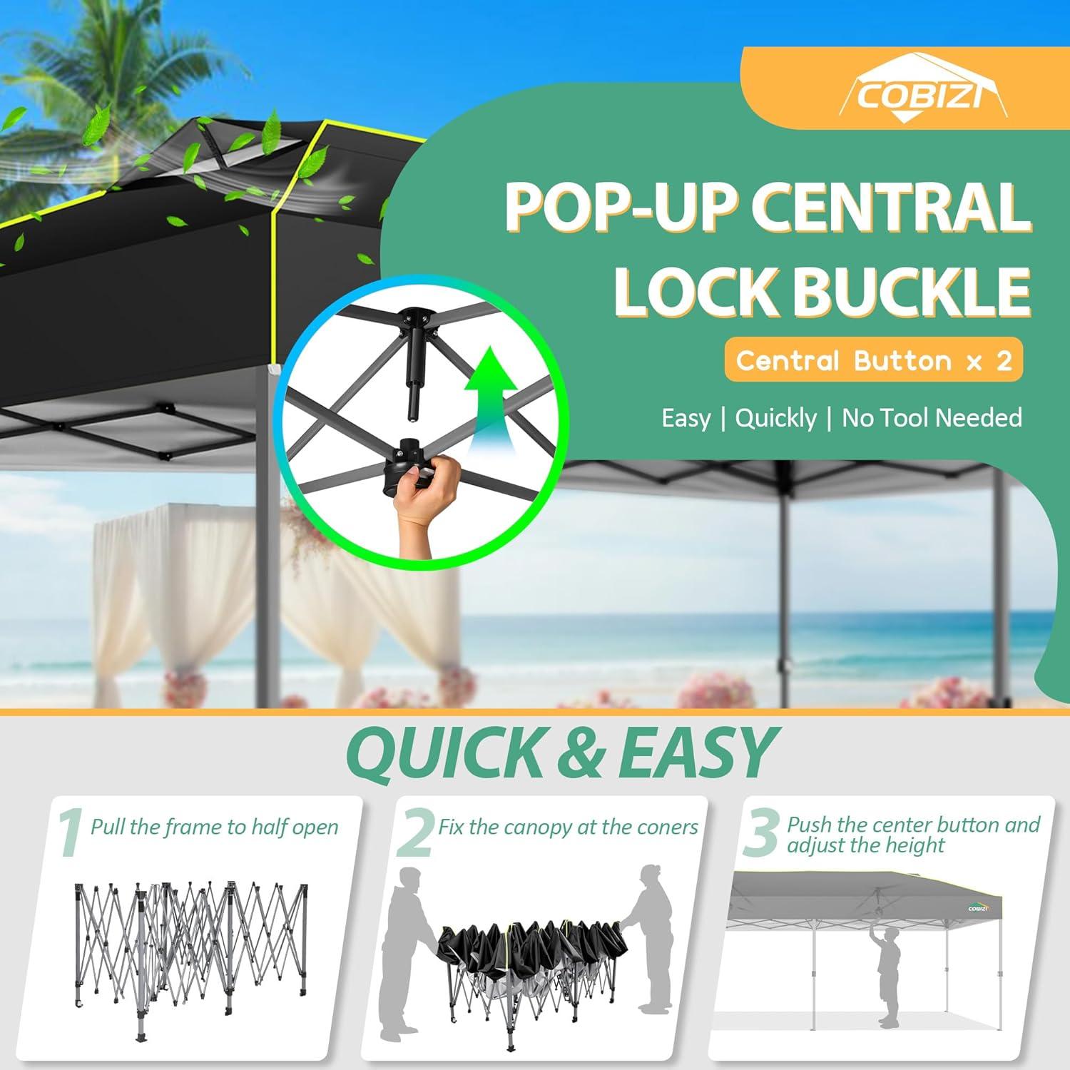 image:imageCOBIZI 10x20 Pop Up Canopy Tent Ez Up Commercial Outdoor Canopy Wedding Party Tents with Center Lock Instant Folding Shelter with Reflective Strip Air Vent amp 4 Sandbags 10X20 Black
