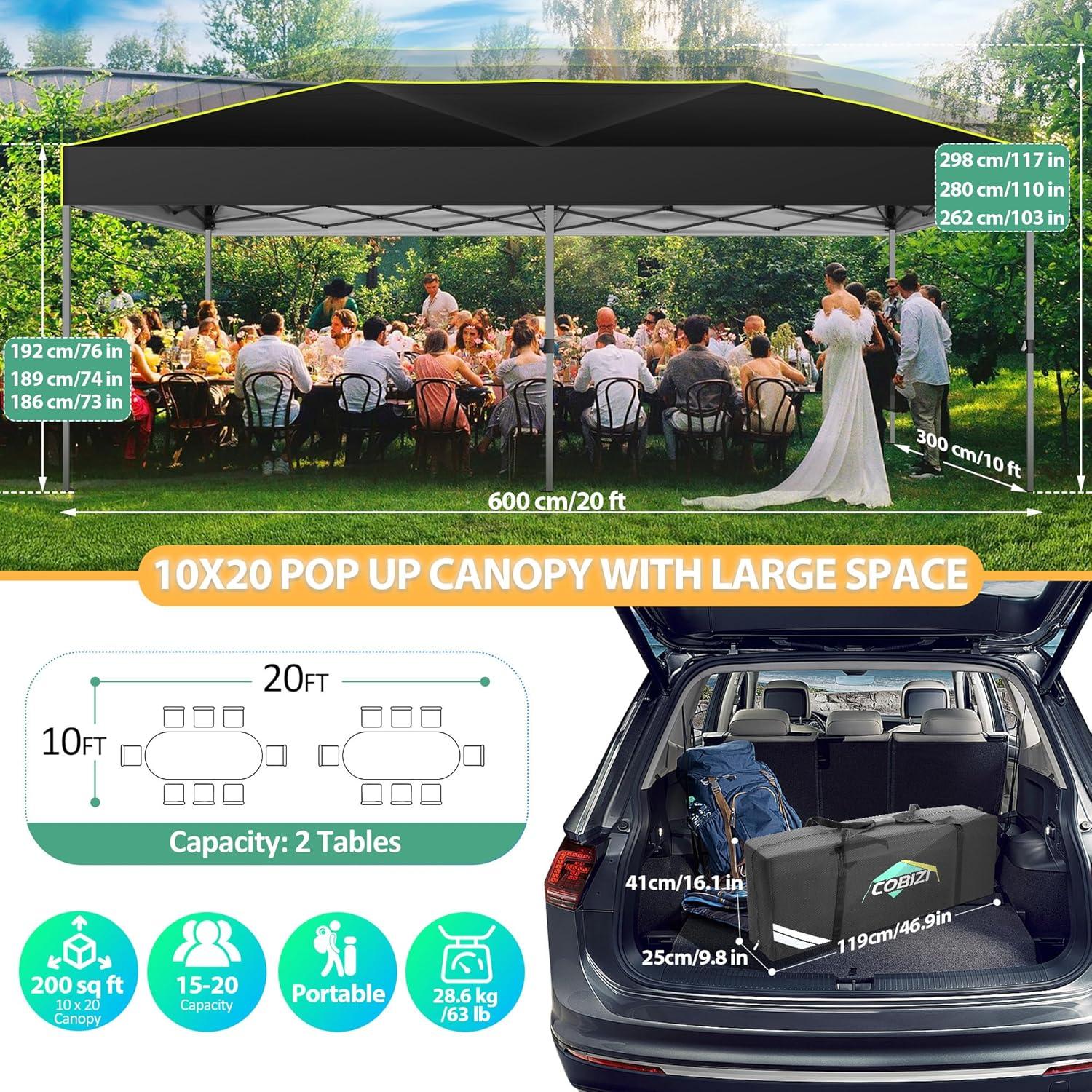 image:imageCOBIZI 10x20 Pop Up Canopy Tent Ez Up Commercial Outdoor Canopy Wedding Party Tents with Center Lock Instant Folding Shelter with Reflective Strip Air Vent amp 4 Sandbags 10X20 Black