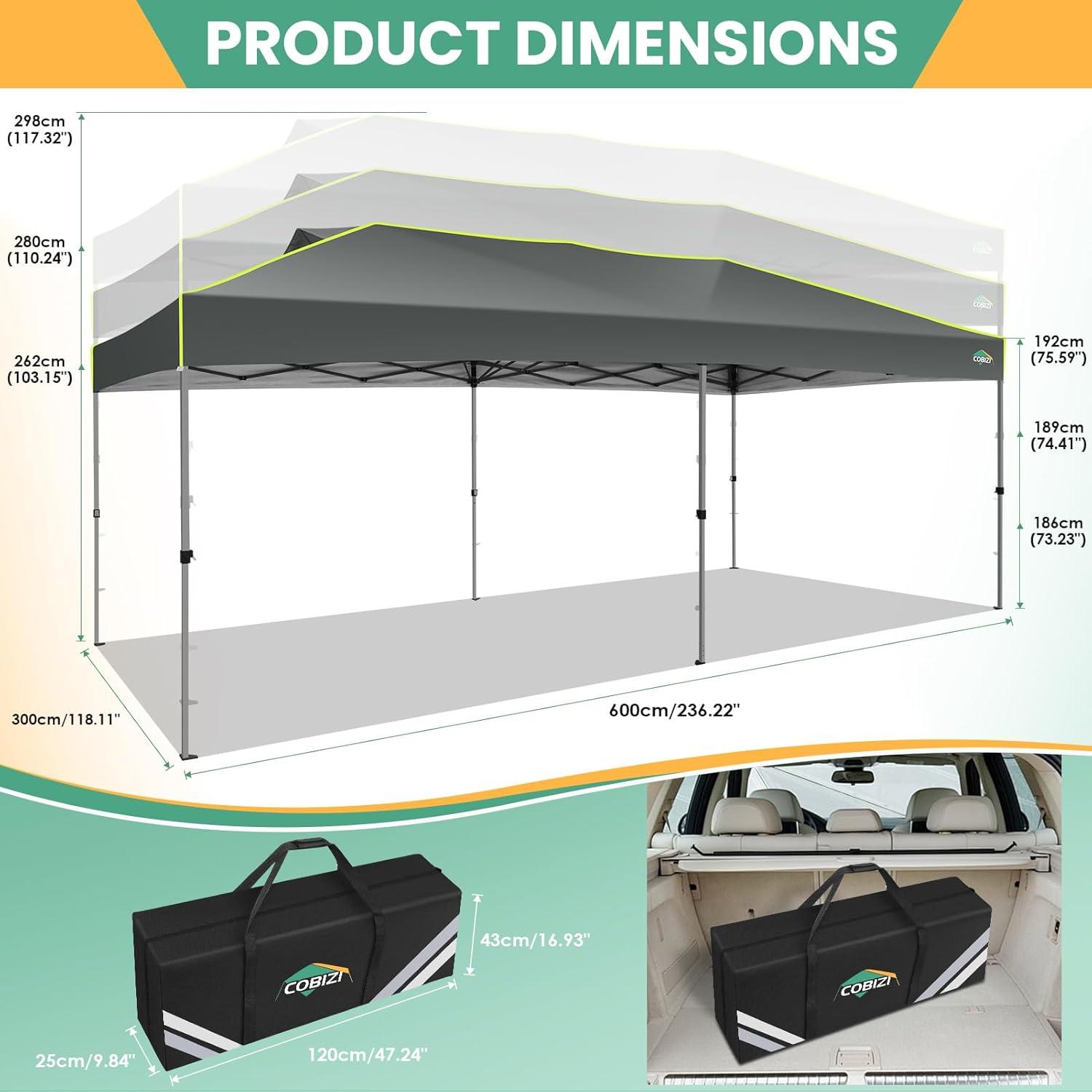 image:imageCOBIZI 10x20 Pop Up Canopy Tent Outdoor Party Tent with 6 Sidewall One Push Setup Glow 3 Adjustable Height Air Vent Waterproof UPF50 Bag 4 Sandbag 6 Stake 12 Rope for Beach CommercialGray