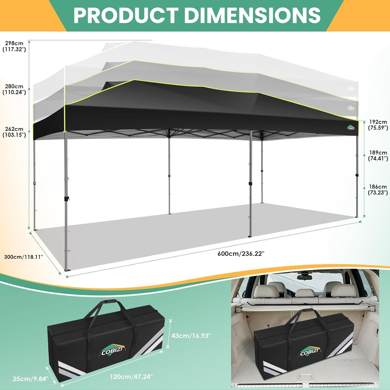 image:imageCOBIZI 10x20 Pop Up Canopy Tent Outdoor Party Tent with 6 Sidewall One Push Setup Glow 3 Adjustable Height Air Vent Waterproof UPF50 Bag 4 Sandbag 6 Stake 12 Rope for Beach CommercialBlack