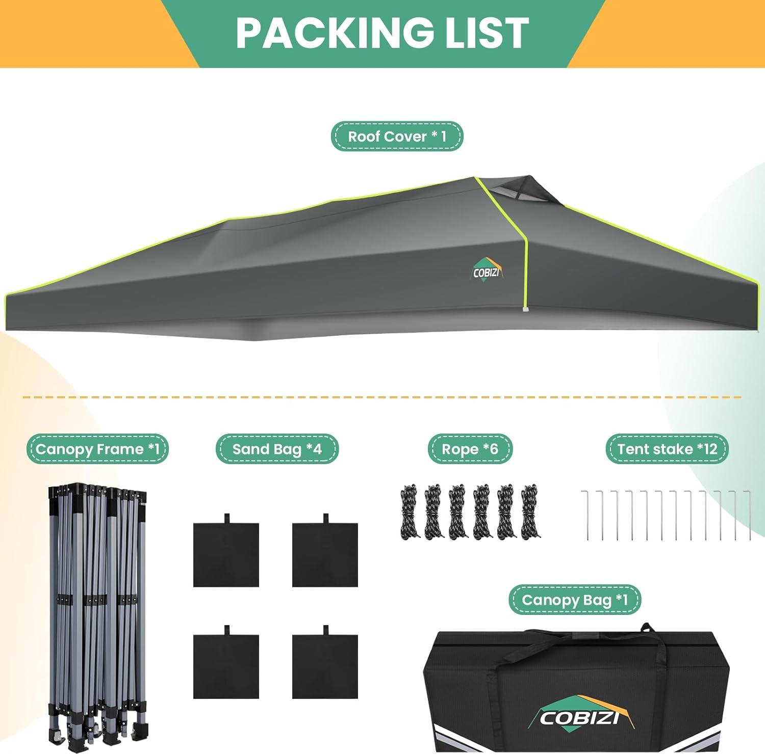 image:imageCOBIZI 10x20 Pop Up Canopy Tent Outdoor Party Tent with 6 Sidewall One Push Setup Glow 3 Adjustable Height Air Vent Waterproof UPF50 Bag 4 Sandbag 6 Stake 12 Rope for Beach CommercialGray