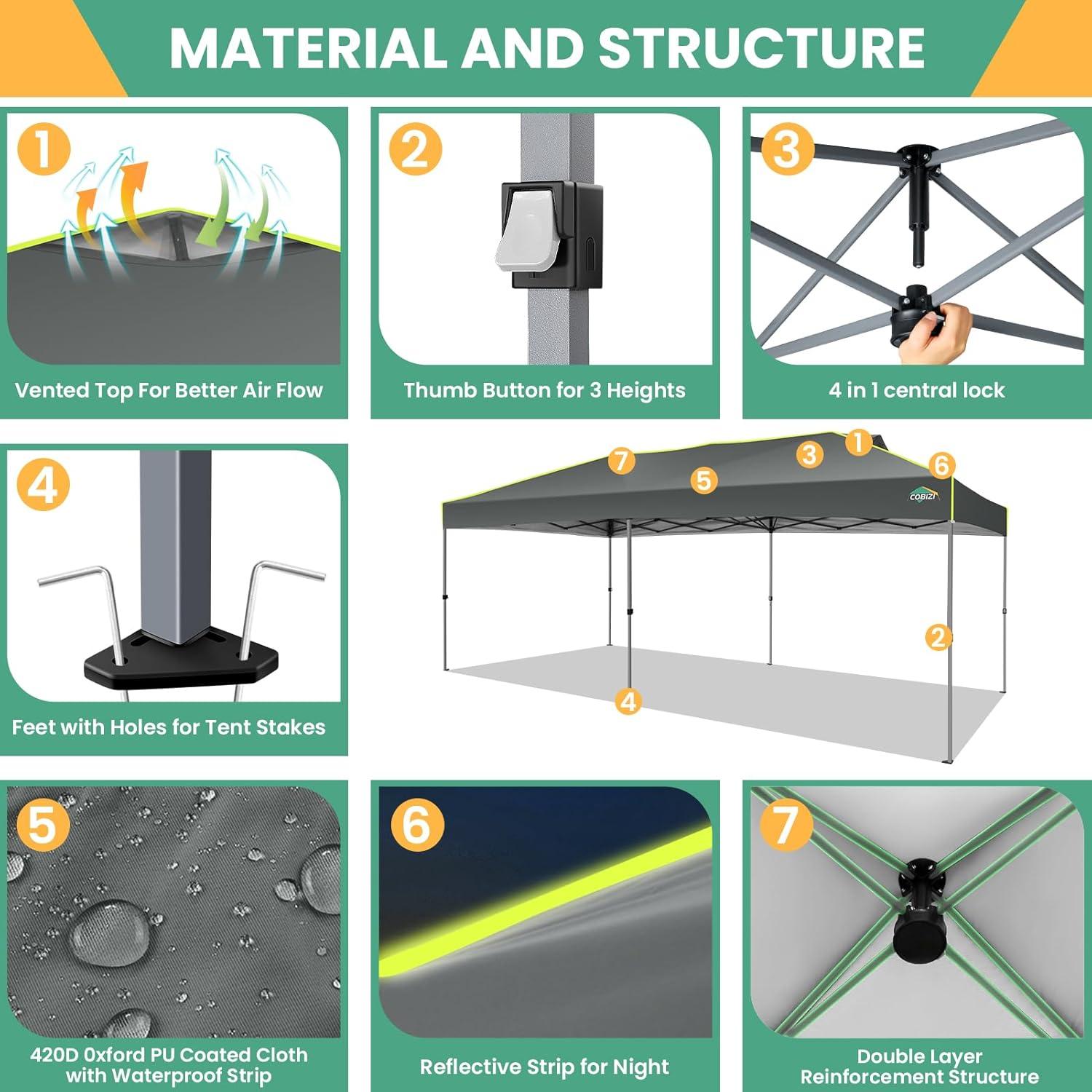 image:imageCOBIZI 10x20 Pop Up Canopy Tent Outdoor Party Tent with 6 Sidewall One Push Setup Glow 3 Adjustable Height Air Vent Waterproof UPF50 Bag 4 Sandbag 6 Stake 12 Rope for Beach CommercialGray