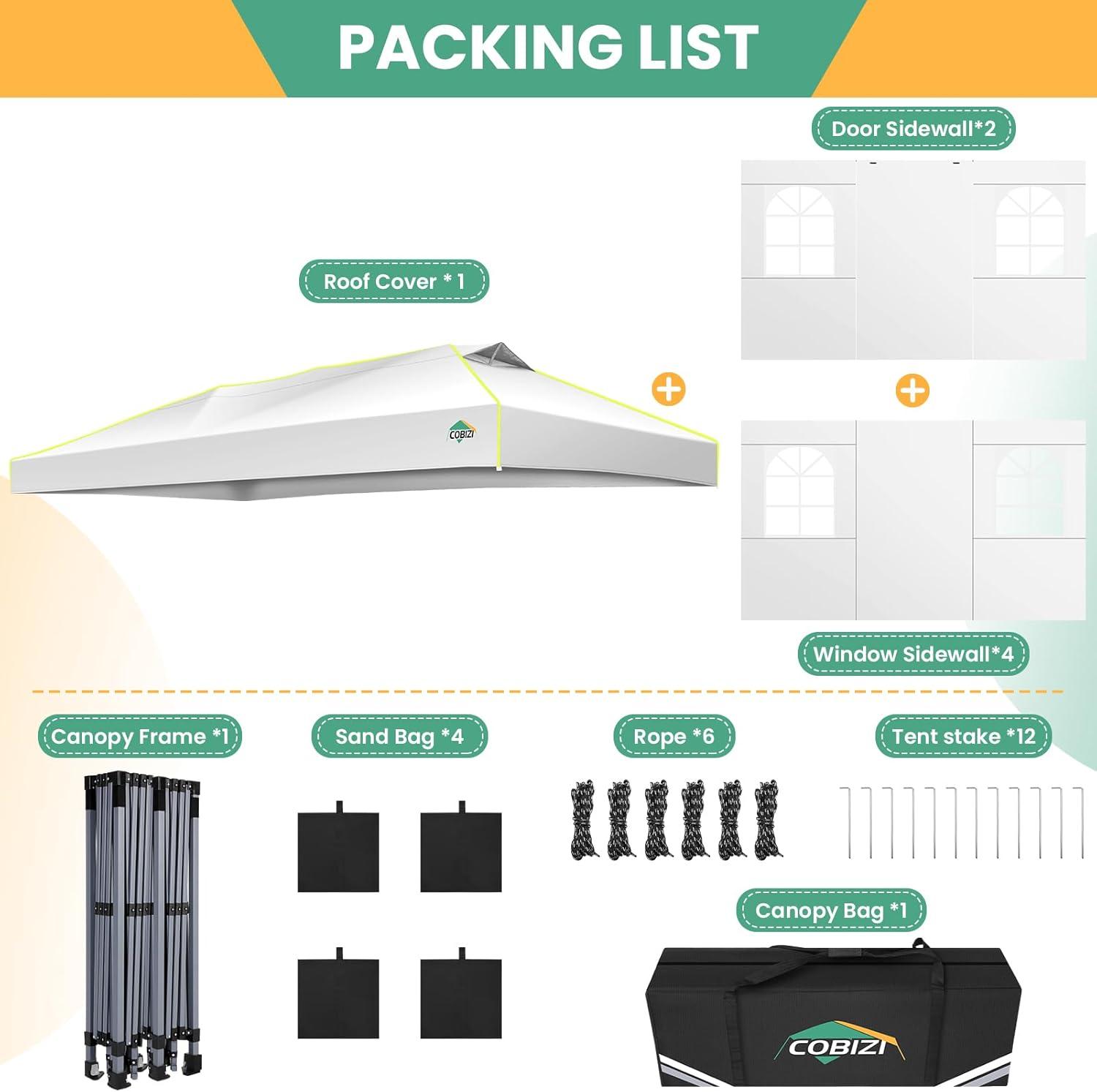 image:imageCOBIZI 10x20 Pop Up Canopy Tent Outdoor Party Tent with 6 Sidewall One Push Setup Glow 3 Adjustable Height Air Vent Waterproof UPF50 Bag 4 Sandbag 6 Stake 12 Rope for Beach CommercialWhite