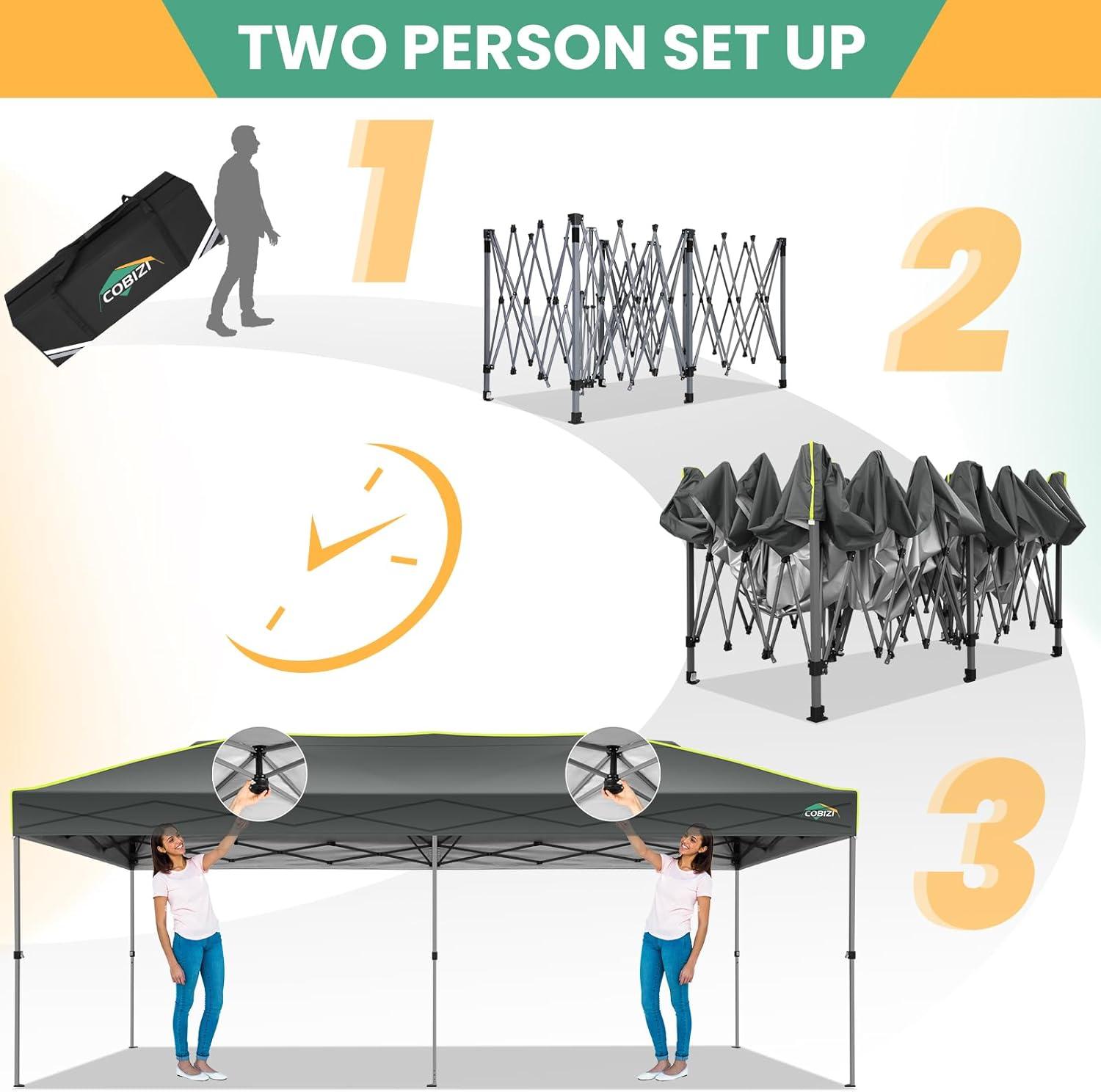 image:imageCOBIZI 10x20 Pop Up Canopy Tent Outdoor Party Tent with 6 Sidewall One Push Setup Glow 3 Adjustable Height Air Vent Waterproof UPF50 Bag 4 Sandbag 6 Stake 12 Rope for Beach CommercialGray