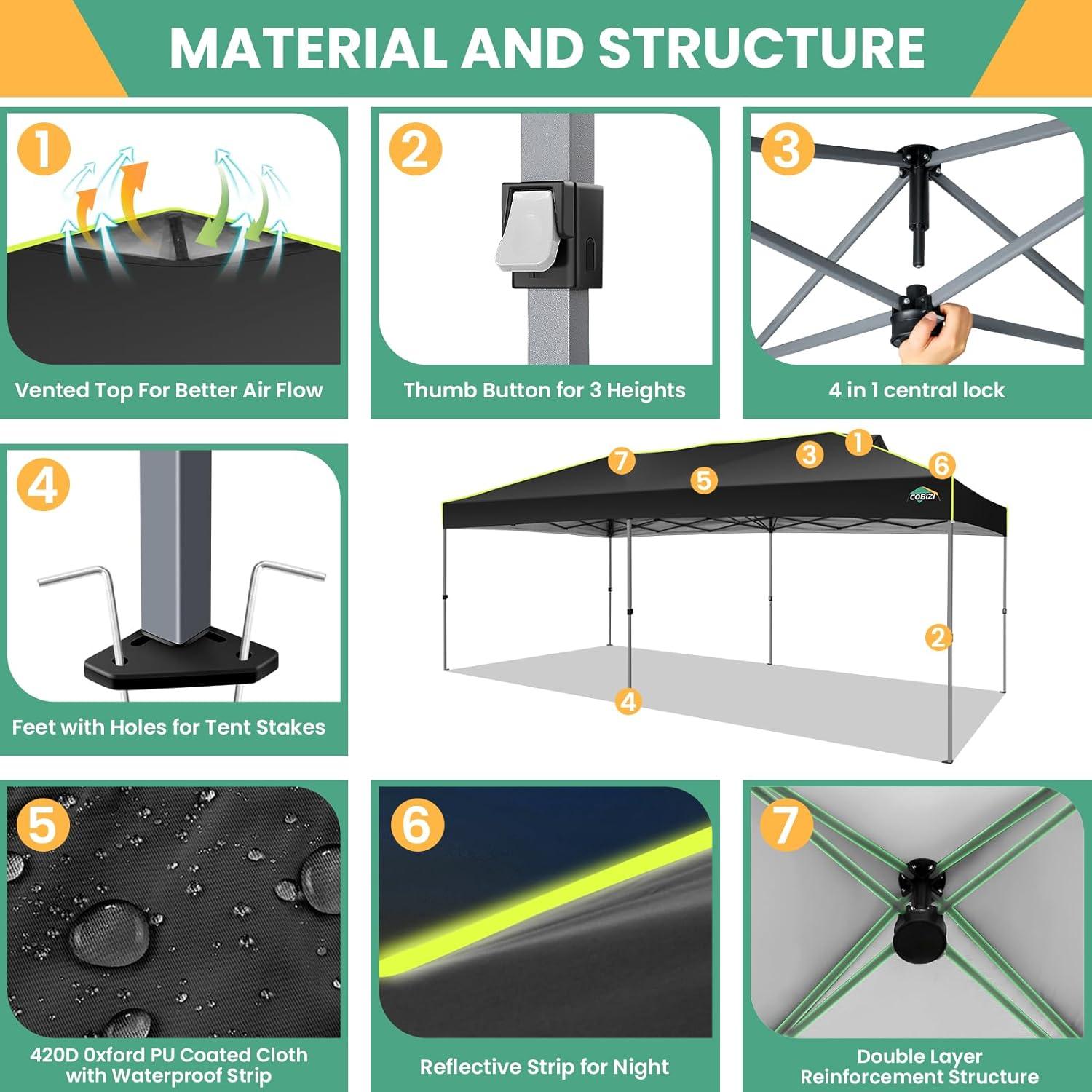image:imageCOBIZI 10x20 Pop Up Canopy Tent Outdoor Party Tent with 6 Sidewall One Push Setup Glow 3 Adjustable Height Air Vent Waterproof UPF50 Bag 4 Sandbag 6 Stake 12 Rope for Beach CommercialBlack