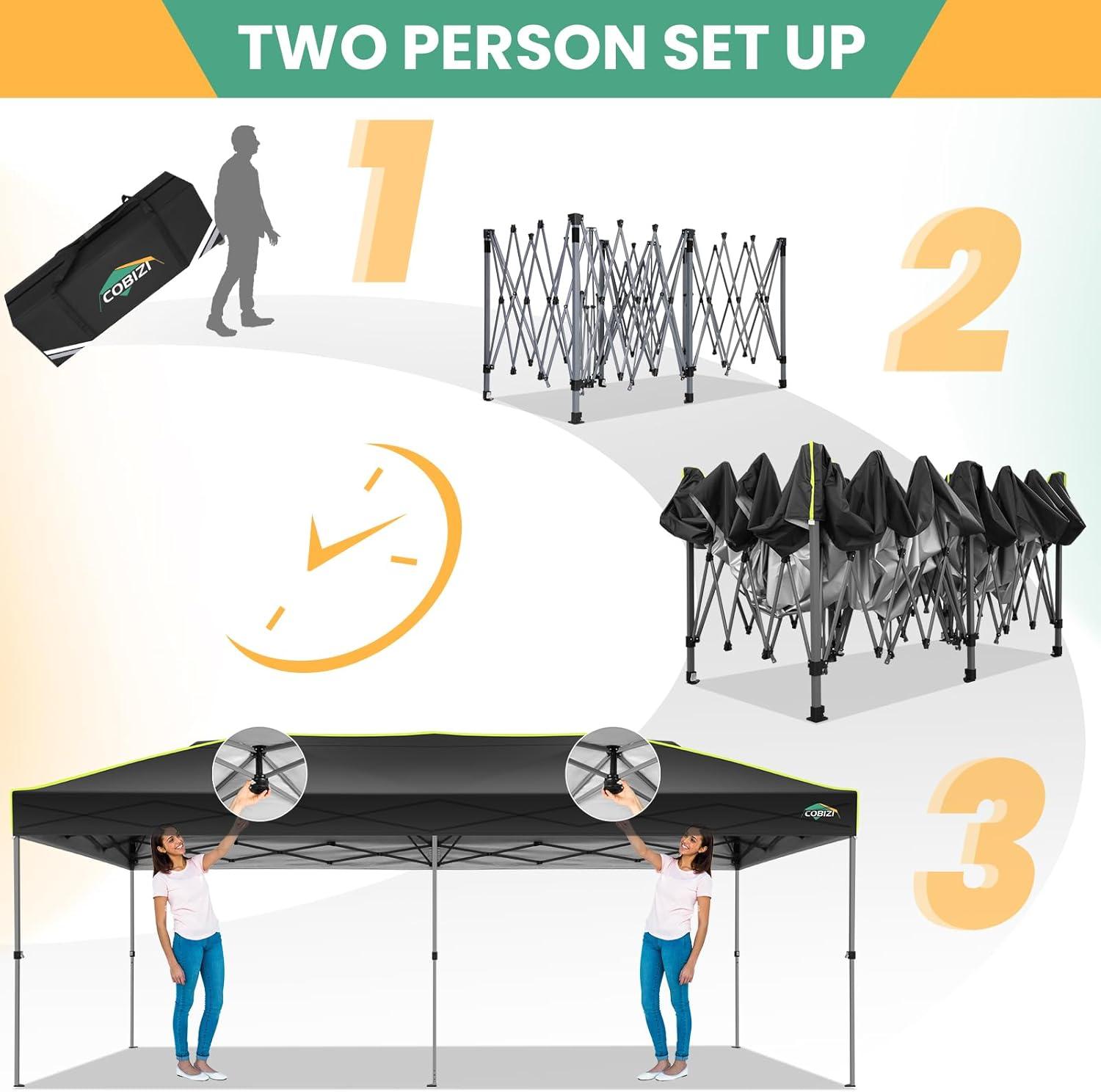 image:imageCOBIZI 10x20 Pop Up Canopy Tent Outdoor Party Tent with 6 Sidewall One Push Setup Glow 3 Adjustable Height Air Vent Waterproof UPF50 Bag 4 Sandbag 6 Stake 12 Rope for Beach CommercialBlack