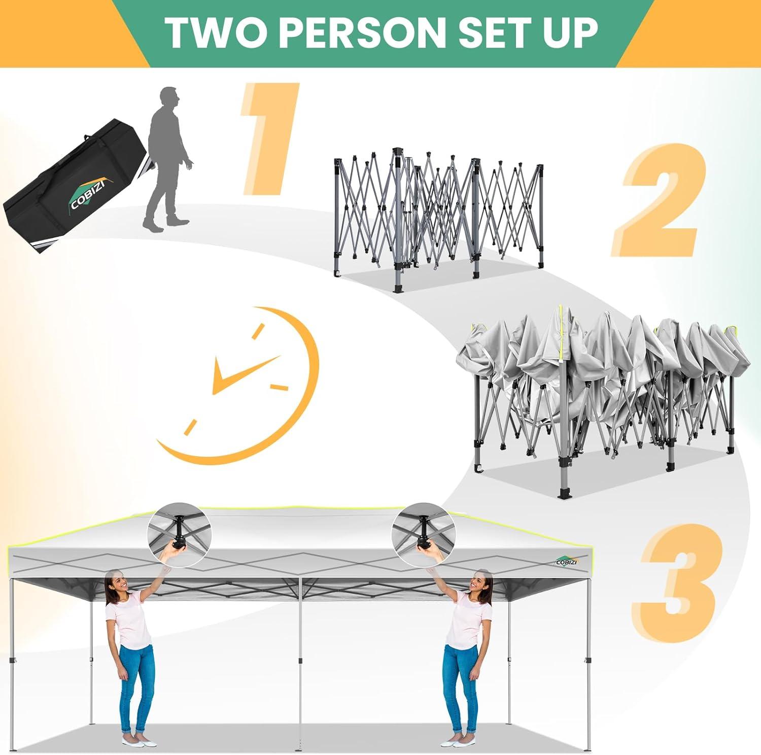 image:imageCOBIZI 10x20 Pop Up Canopy Tent Outdoor Party Tent with 6 Sidewall One Push Setup Glow 3 Adjustable Height Air Vent Waterproof UPF50 Bag 4 Sandbag 6 Stake 12 Rope for Beach CommercialWhite