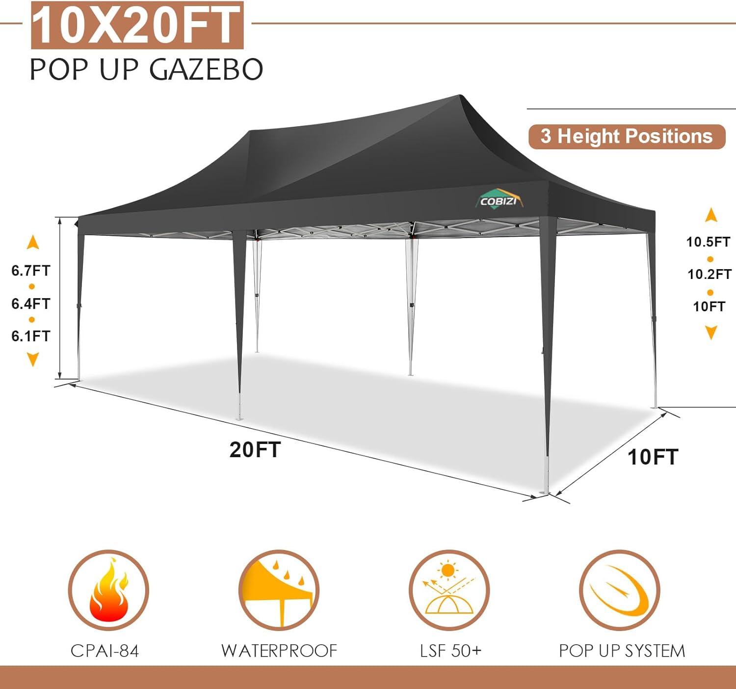image:imageCOBIZI 10x20 Pop Up Canopy Tent with SidewallsParty Tent Outdoor Gazebos Waterproof amp UV503 Adjustable HeightsHigher Frame Design Extra Tall for Parties BackyardWeddingsMarketsDark BlueNew Black