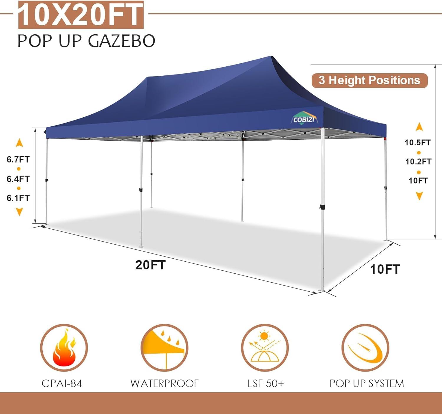 image:imageCOBIZI 10x20 Pop Up Canopy Tent with SidewallsParty Tent Outdoor Gazebos Waterproof amp UV503 Adjustable HeightsHigher Frame Design Extra Tall for Parties BackyardWeddingsMarketsDark BlueNew Dark Blue