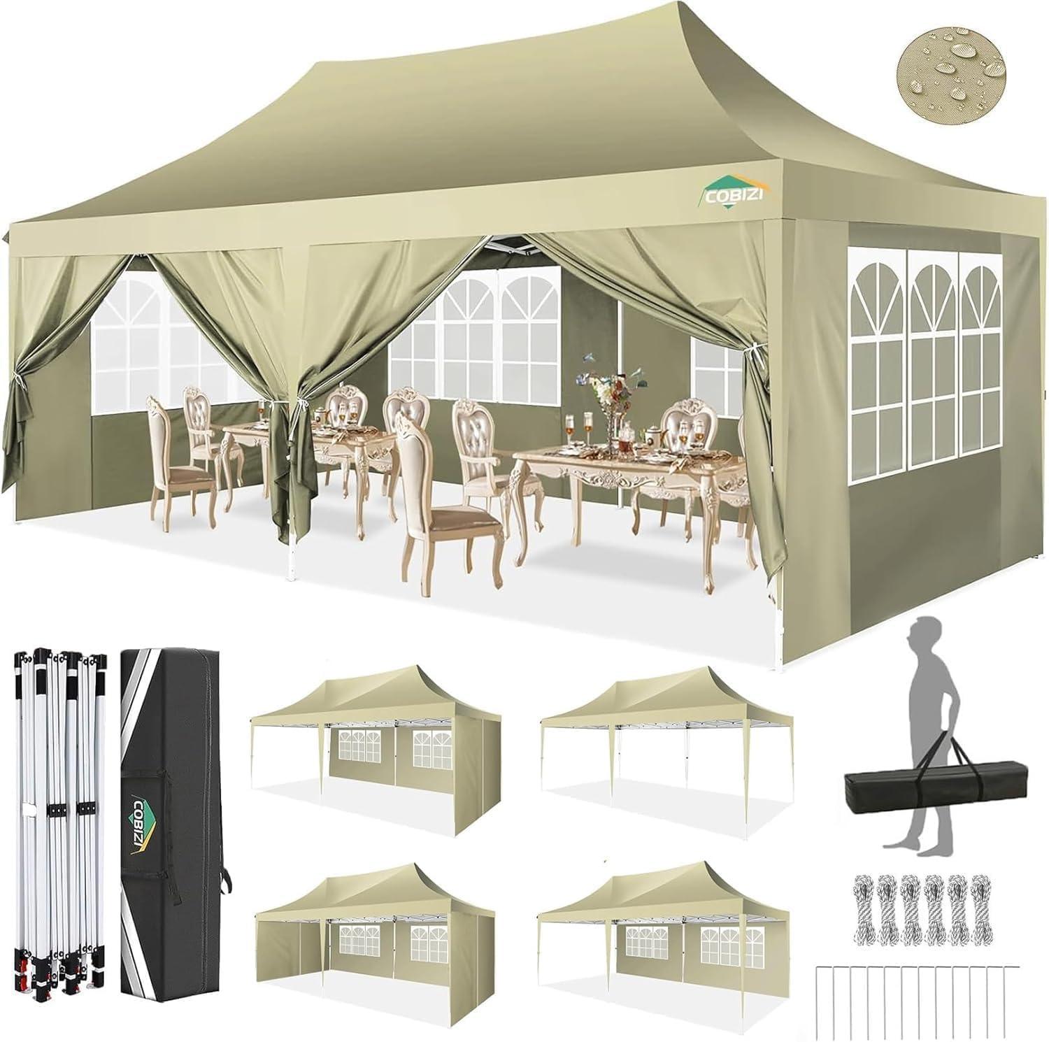 image:imageCOBIZI 10x20 Pop Up Canopy Tent with SidewallsParty Tent Outdoor Gazebos Waterproof amp UV503 Adjustable HeightsHigher Frame Design Extra Tall for Parties BackyardWeddingsMarketsDark BlueKhaki