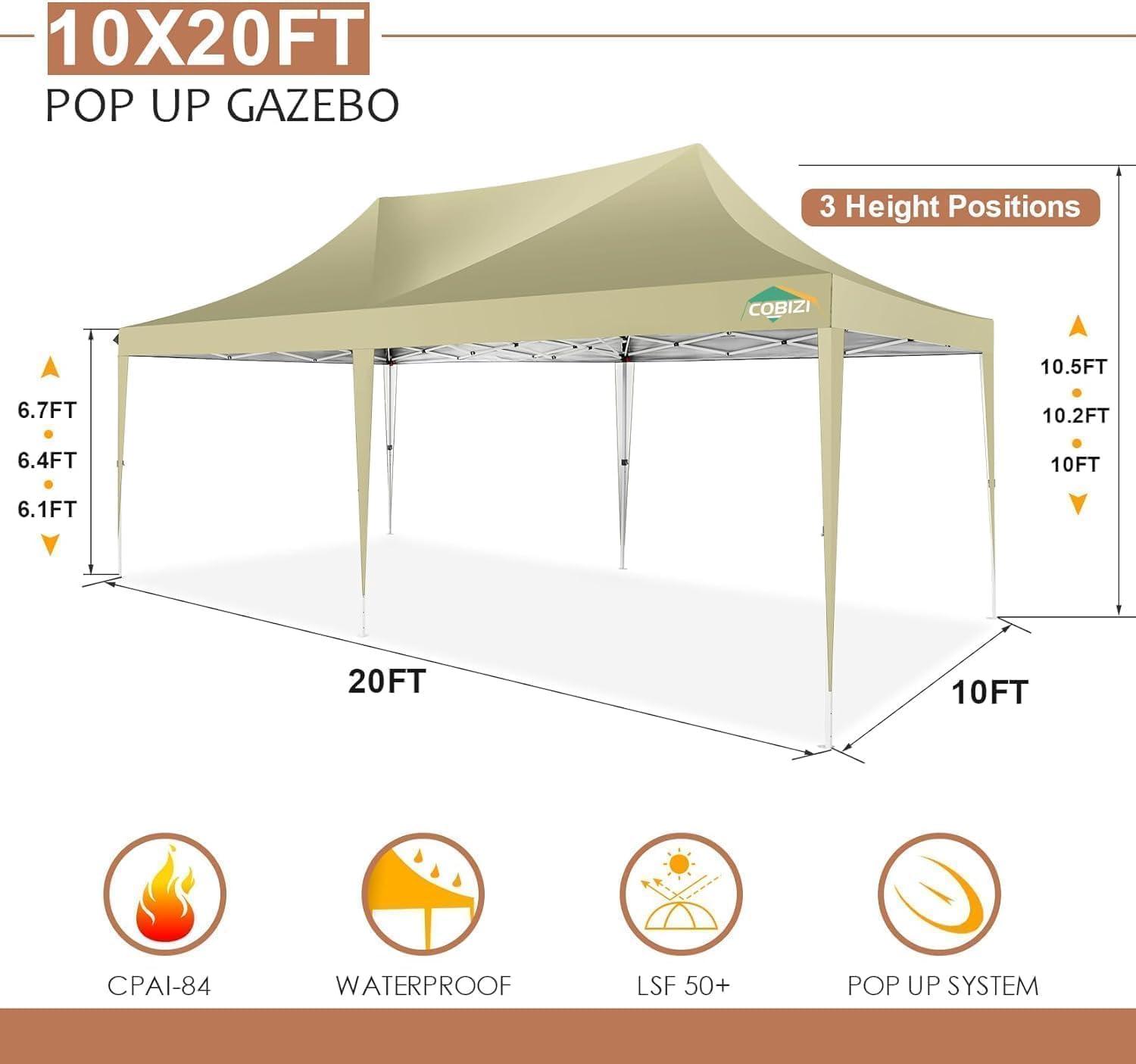 image:imageCOBIZI 10x20 Pop Up Canopy Tent with SidewallsParty Tent Outdoor Gazebos Waterproof amp UV503 Adjustable HeightsHigher Frame Design Extra Tall for Parties BackyardWeddingsMarketsDark BlueKhaki