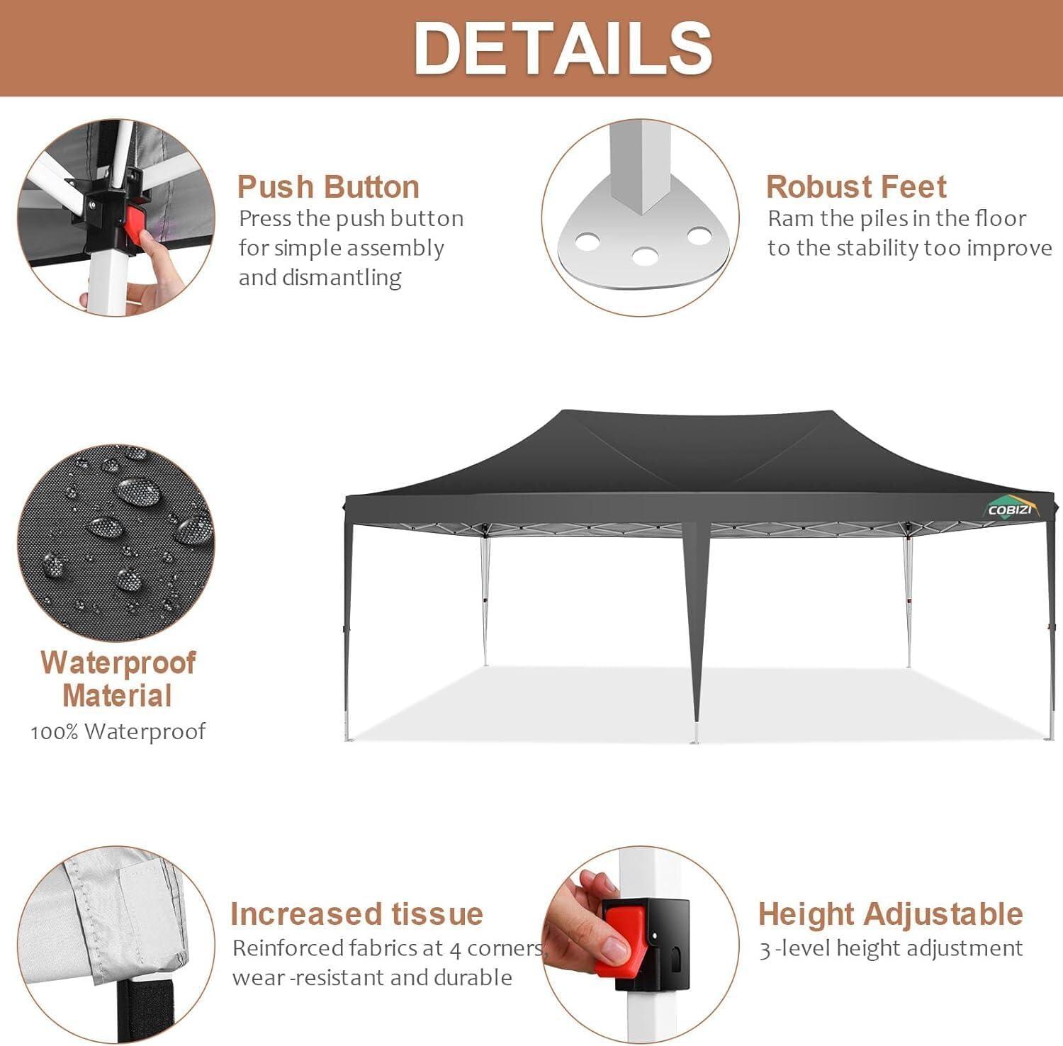 image:imageCOBIZI 10x20 Pop Up Canopy Tent with SidewallsParty Tent Outdoor Gazebos Waterproof amp UV503 Adjustable HeightsHigher Frame Design Extra Tall for Parties BackyardWeddingsMarketsDark BlueBlack