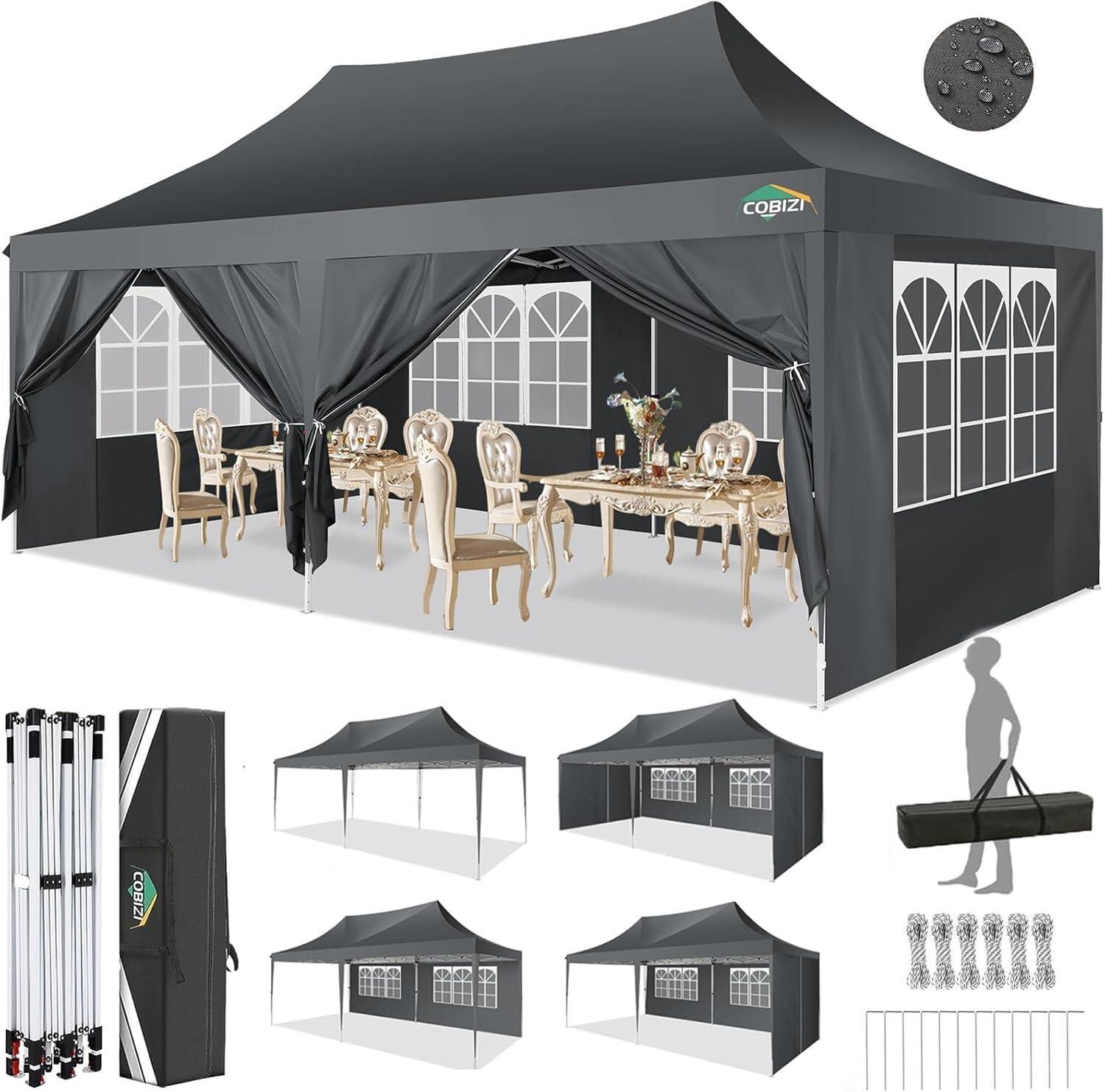 image:imageCOBIZI 10x20 Pop Up Canopy Tent with SidewallsParty Tent Outdoor Gazebos Waterproof amp UV503 Adjustable HeightsHigher Frame Design Extra Tall for Parties BackyardWeddingsMarketsDark BlueGray
