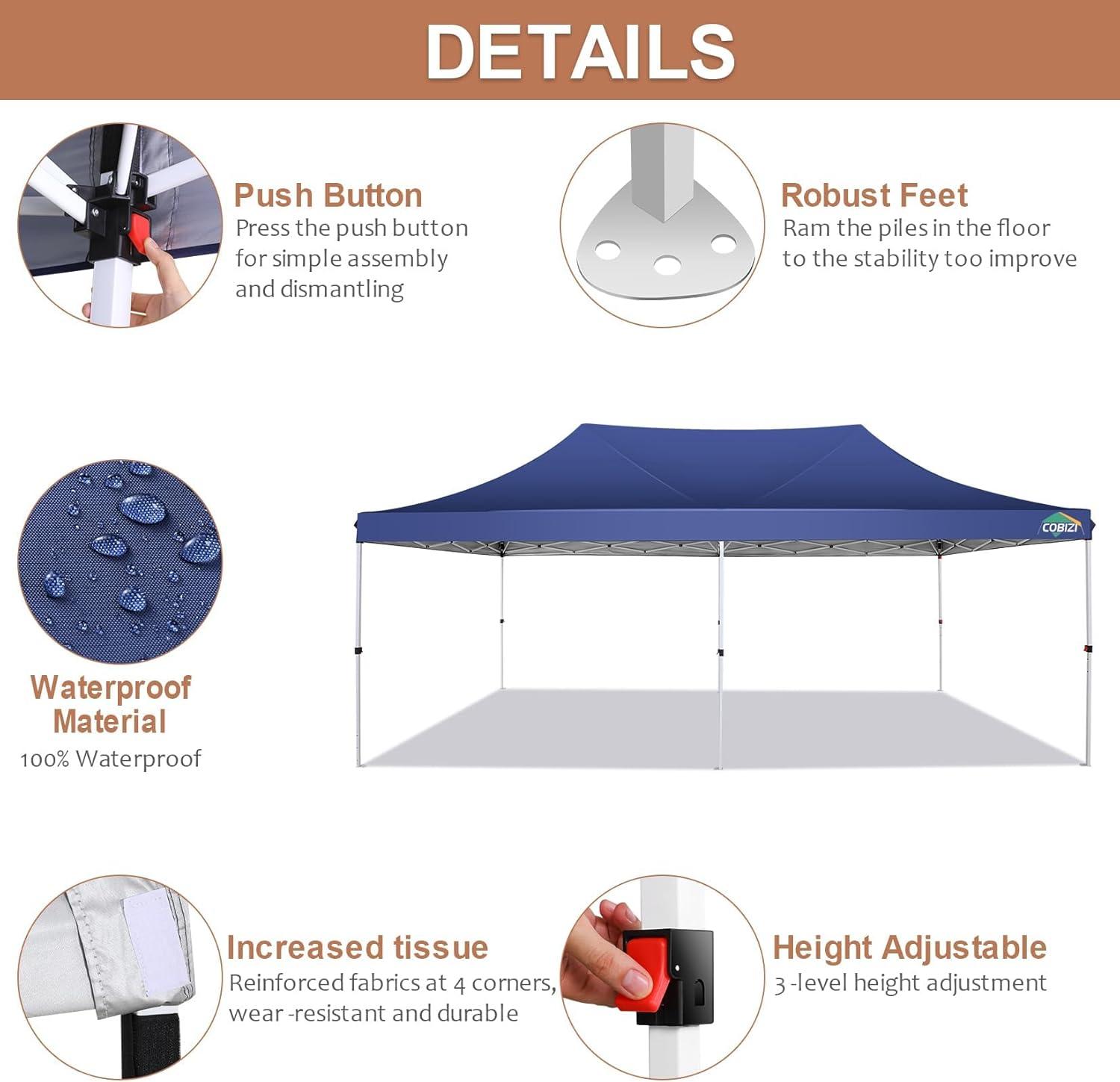 image:imageCOBIZI 10x20 Pop Up Canopy Tent with SidewallsParty Tent Outdoor Gazebos Waterproof amp UV503 Adjustable HeightsHigher Frame Design Extra Tall for Parties BackyardWeddingsMarketsDark BlueNew Dark Blue