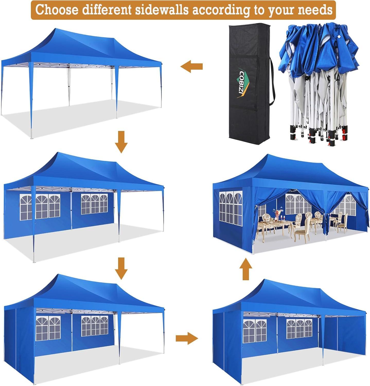 image:imageCOBIZI 10x20 Pop Up Canopy with 6 Sidewalls Conical Canopy Tent 1020 with 3 Adjustable Height Waterproof UVResistant with Carry Bag Stakes Ropes for Parties Commercial BlueFrame Upgraded