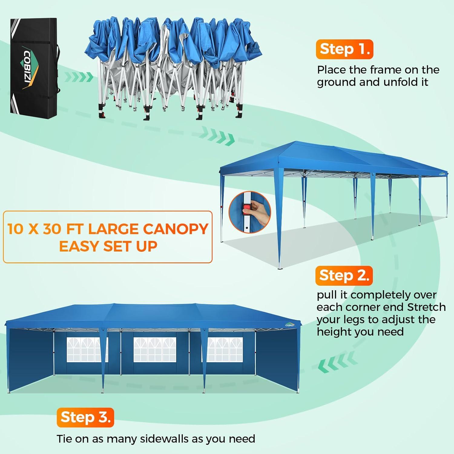image:imageCOBIZI 10x30 Pop Up Canopy Tent 10x30 Outdoor Party Tent with 8 Removable Sidewalls UPF 50 Waterproof Portable Canopy for Parties Commercial Event with Carry Bag and 4 Sandbags Blue 10x30