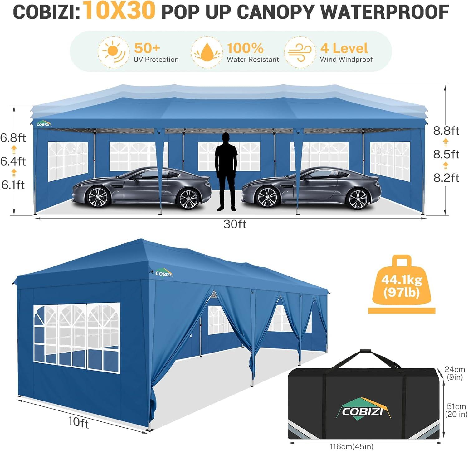 image:imageCOBIZI 10x30 Pop Up Canopy Tent 10x30 Outdoor Party Tent with 8 Removable Sidewalls UPF 50 Waterproof Portable Canopy for Parties Commercial Event with Carry Bag and 4 Sandbags Blue 10x30