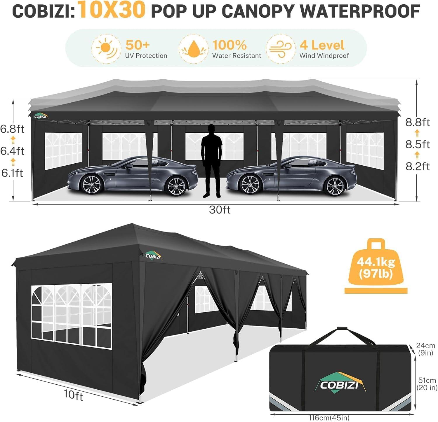 image:imageCOBIZI 10x30 Pop Up Canopy Tent 10x30 Outdoor Party Tent with 8 Removable Sidewalls UPF 50 Waterproof Portable Canopy for Parties Commercial Event with Carry Bag and 4 Sandbags Black 10x30