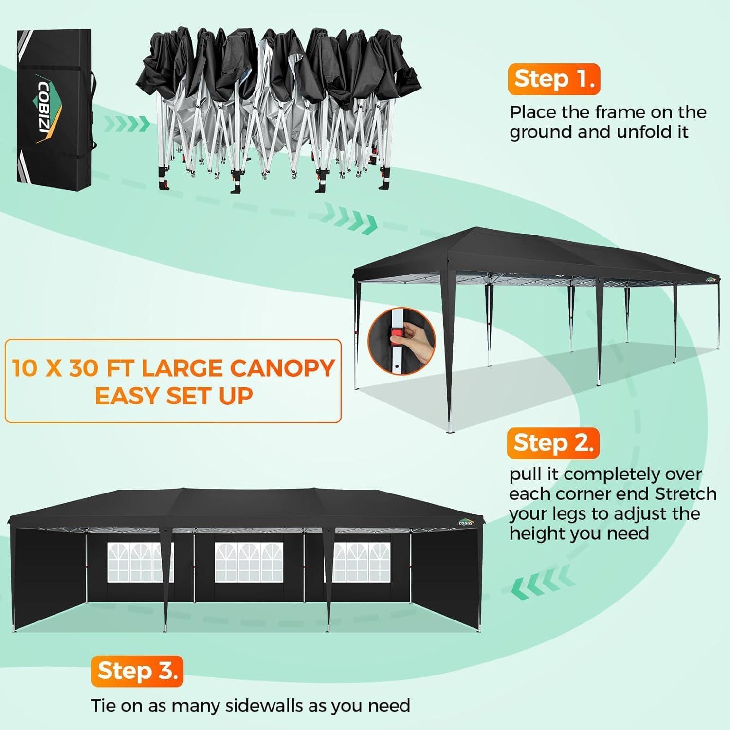 image:imageCOBIZI 10x30 Pop Up Canopy Tent 10x30 Outdoor Party Tent with 8 Removable Sidewalls UPF 50 Waterproof Portable Canopy for Parties Commercial Event with Carry Bag and 4 Sandbags Black 10x30