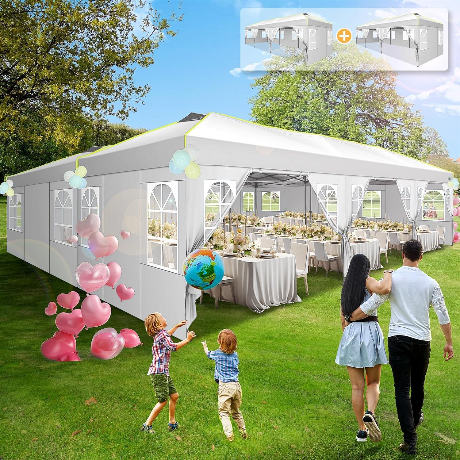 image:imageCOBIZI 10x30 Pop Up Canopy Tent Wedding Party Tent with 8 Sidewall One Push Setup Glow 3 Adjustable Height Air Vent Waterproof UPF50 Wheeled Bag 4 Sandbag 8 Stake Ropes for Commercial Outdoor