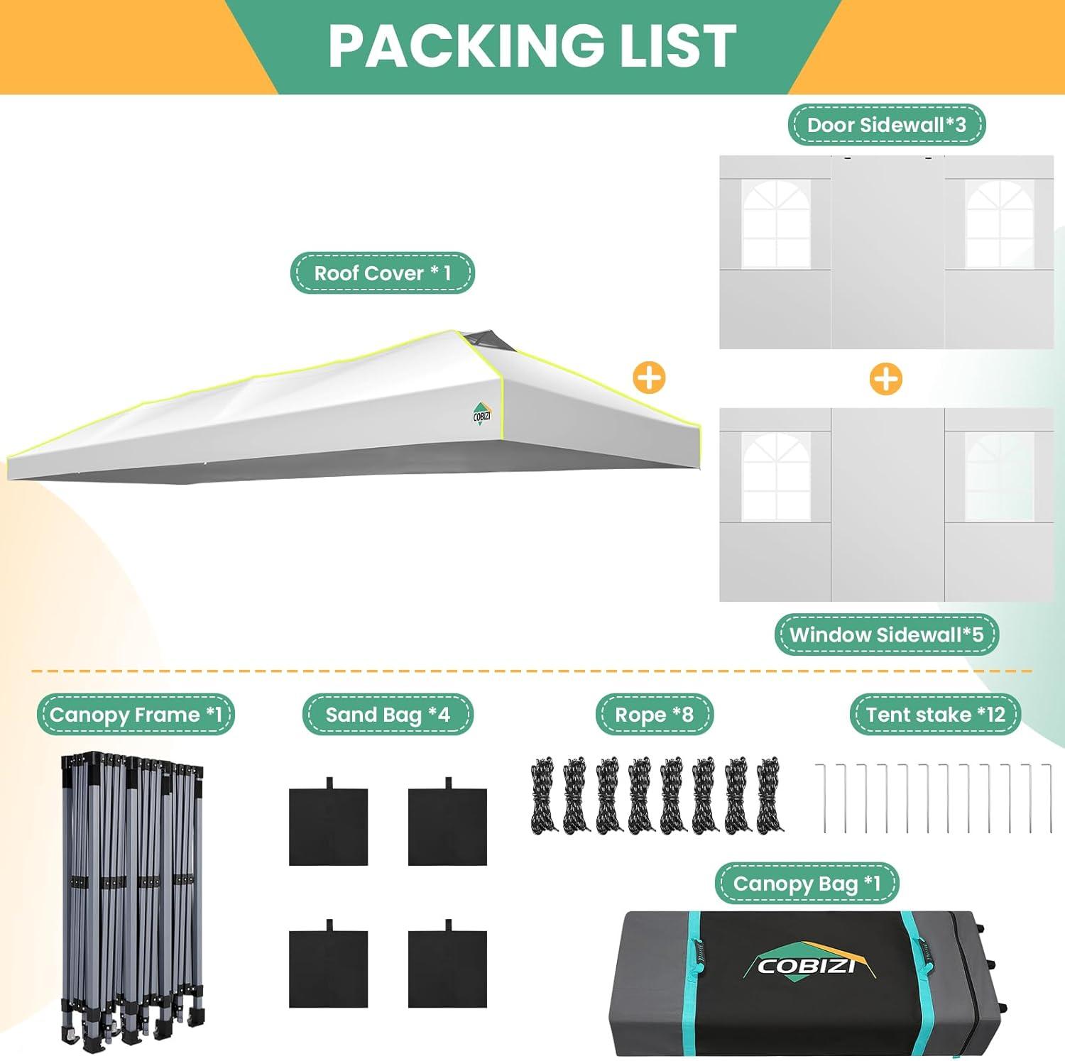 image:imageCOBIZI 10x30 Pop Up Canopy Tent Wedding Party Tent with 8 Sidewall One Push Setup Glow 3 Adjustable Height Air Vent Waterproof UPF50 Wheeled Bag 4 Sandbag 8 Stake Ropes for Commercial Outdoor