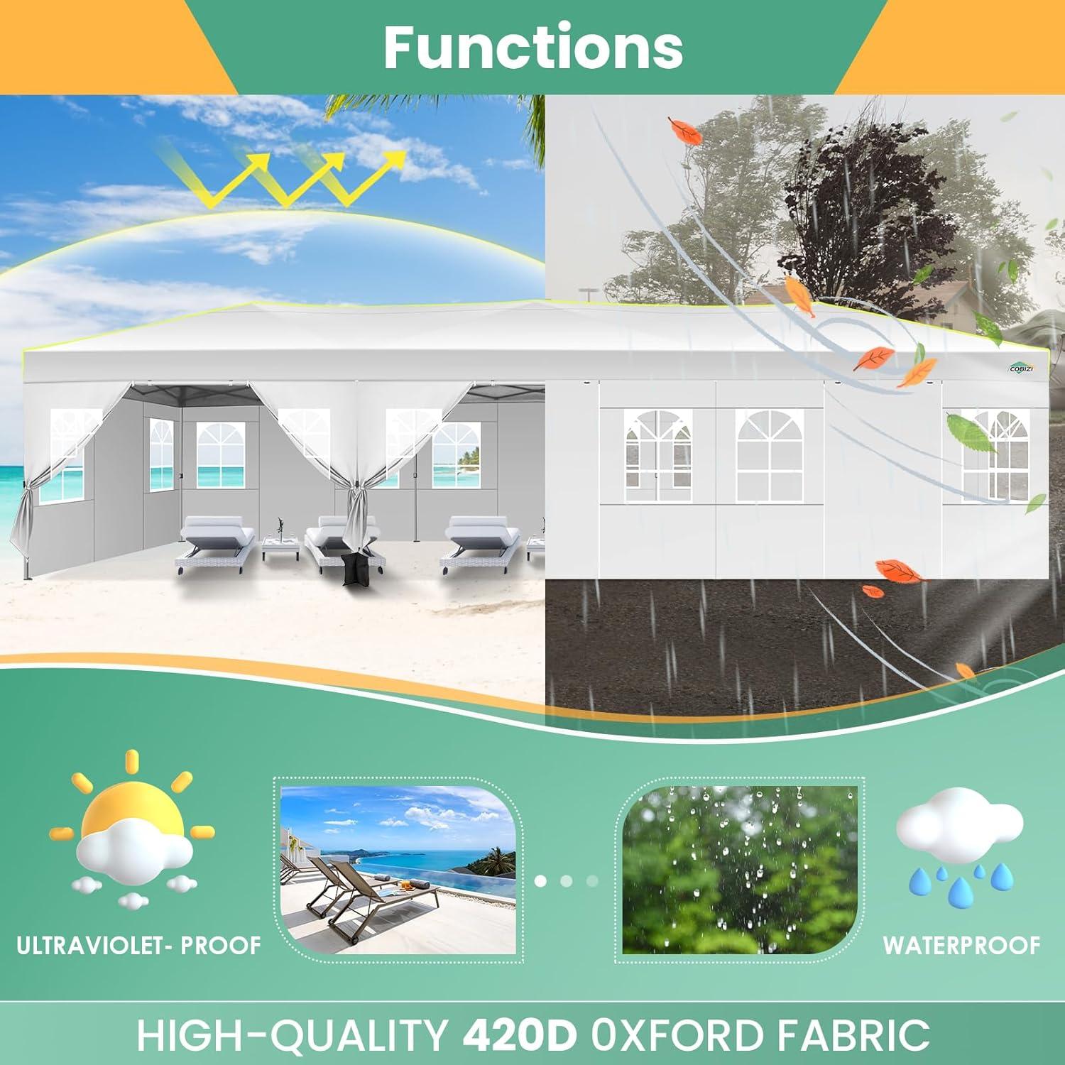 image:imageCOBIZI 10x30 Pop Up Canopy Tent Wedding Party Tent with 8 Sidewall One Push Setup Glow 3 Adjustable Height Air Vent Waterproof UPF50 Wheeled Bag 4 Sandbag 8 Stake Ropes for Commercial Outdoor
