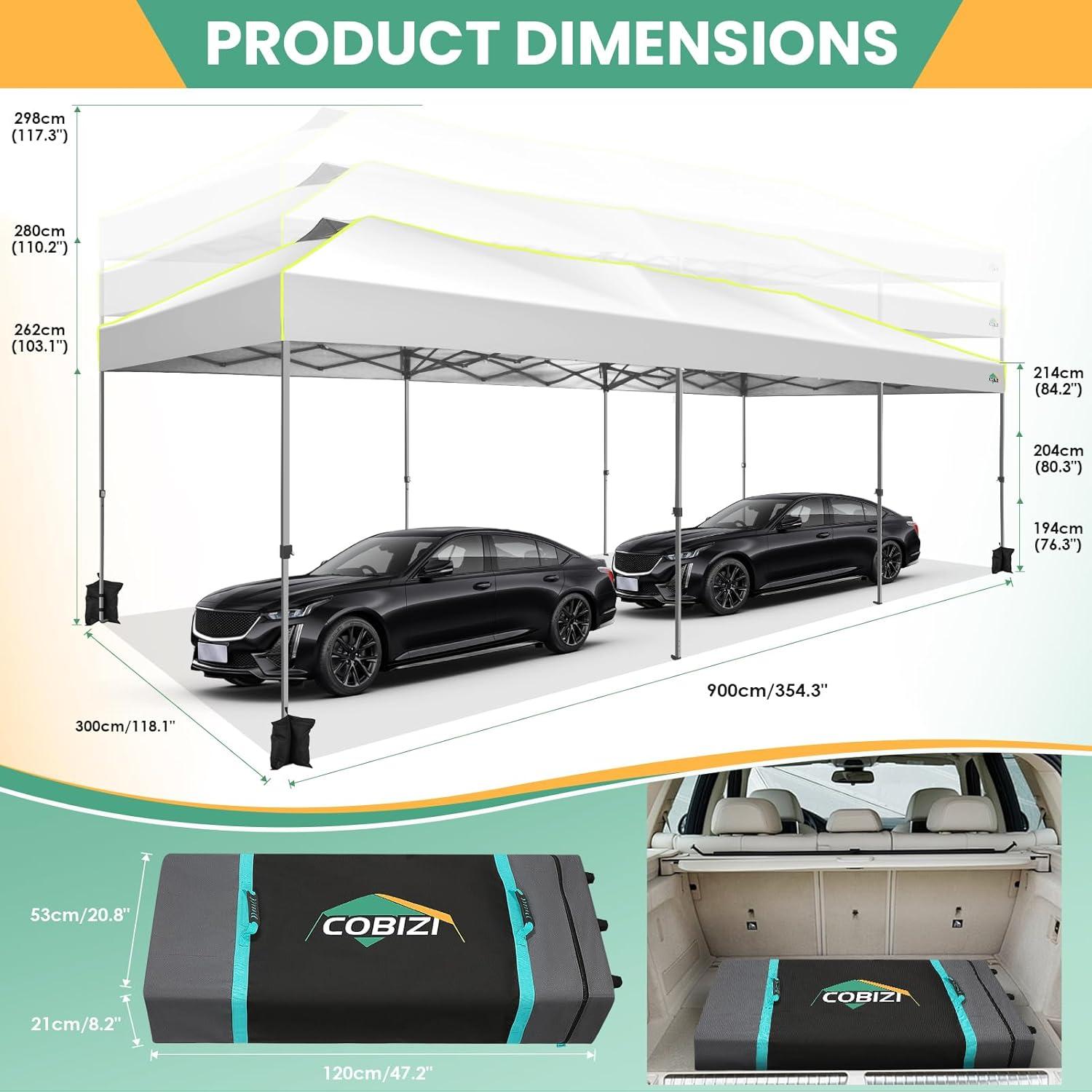 image:imageCOBIZI 10x30 Pop Up Canopy Tent Wedding Party Tent with 8 Sidewall One Push Setup Glow 3 Adjustable Height Air Vent Waterproof UPF50 Wheeled Bag 4 Sandbag 8 Stake Ropes for Commercial Outdoor