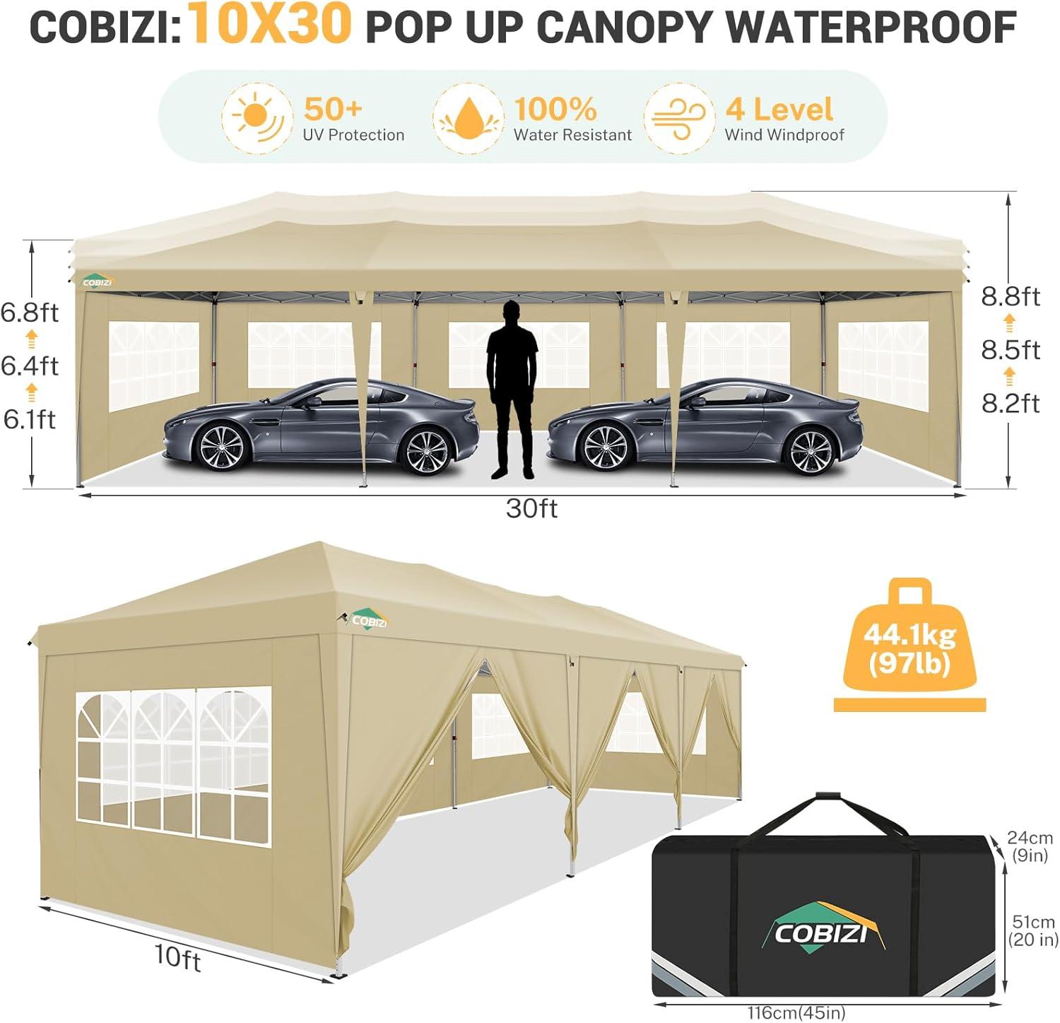 image:imageCOBIZI 10x30 Pop Up Canopy Tent with 8 Removable Sidewalls Waterproof Commercial Instant Shelter Outdoor Party Tent Portable Canopy Tent for Parties with Carry Bag and 4 Sandbags Khaki 10x30
