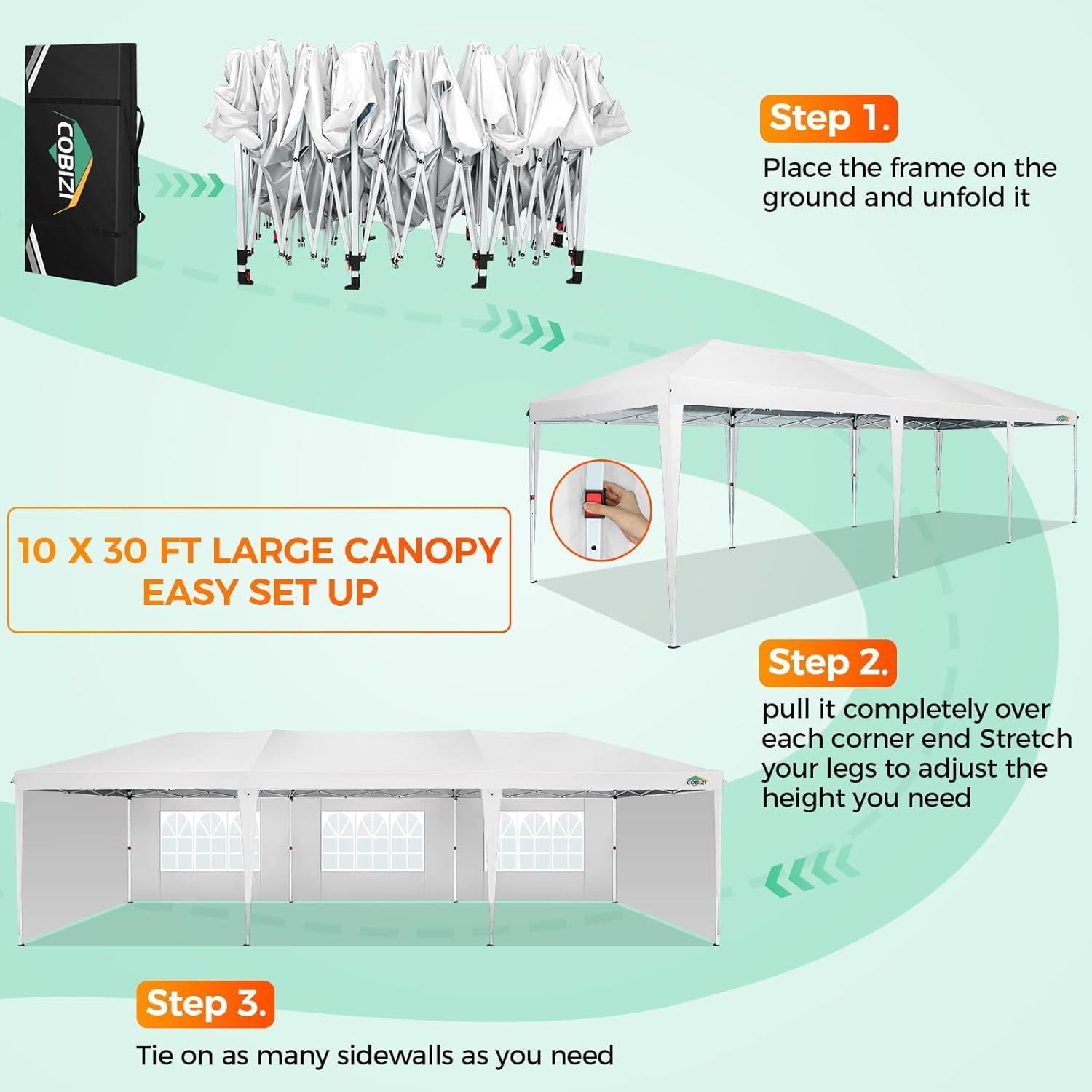 image:imageCOBIZI 10x30 Pop Up Canopy Tent with 8 Removable Sidewalls Waterproof Commercial Instant Shelter Outdoor Party Tent Portable Canopy Tent for Parties with Carry Bag and 4 Sandbags White 10x30