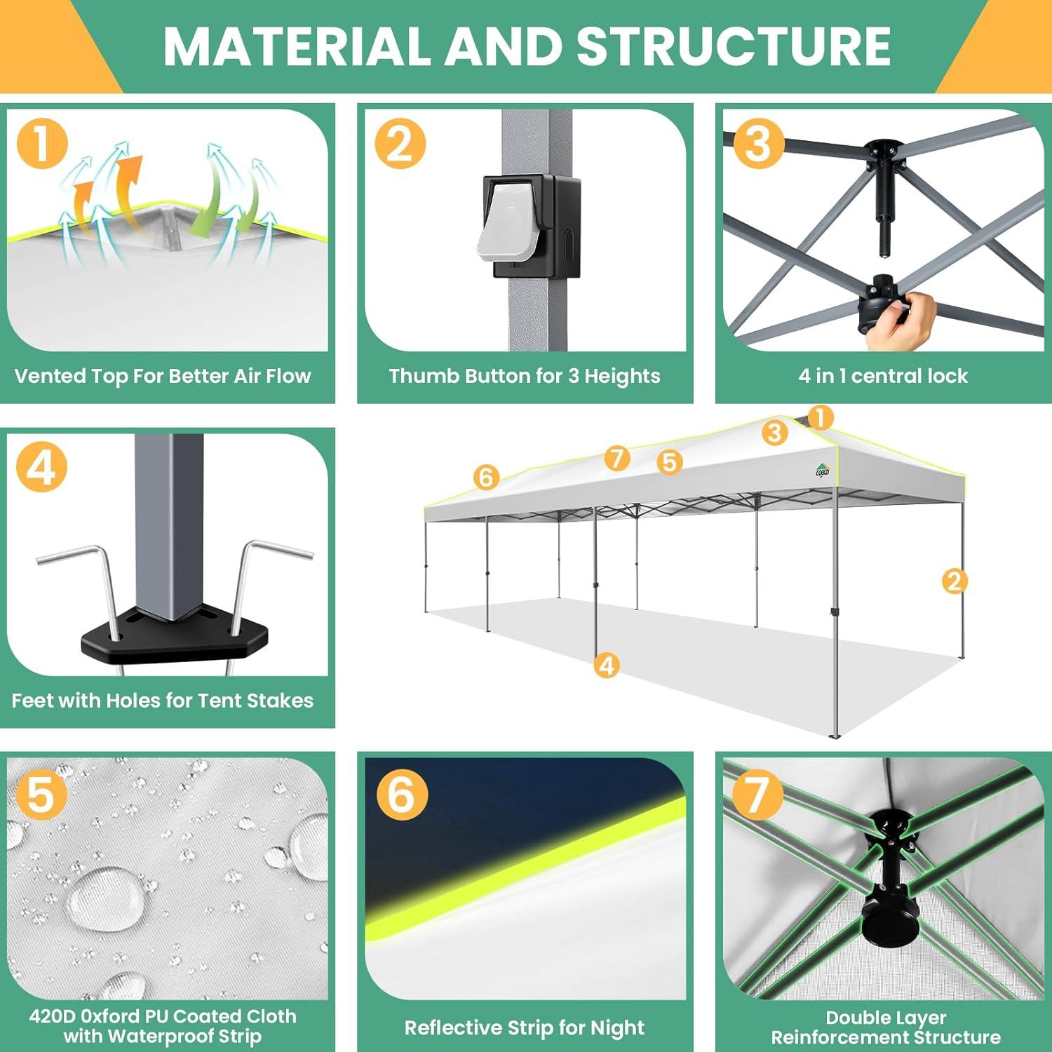 image:imageCOBIZI 10x30 Pop Up Canopy Wedding Party Tent Without Sidewall One Push Setup Glow 3 Adjustable Height Air Vent Waterproof UPF50 Wheeled Bag 4 Sandbag 8 Stake Ropes for Commercial Outdoor