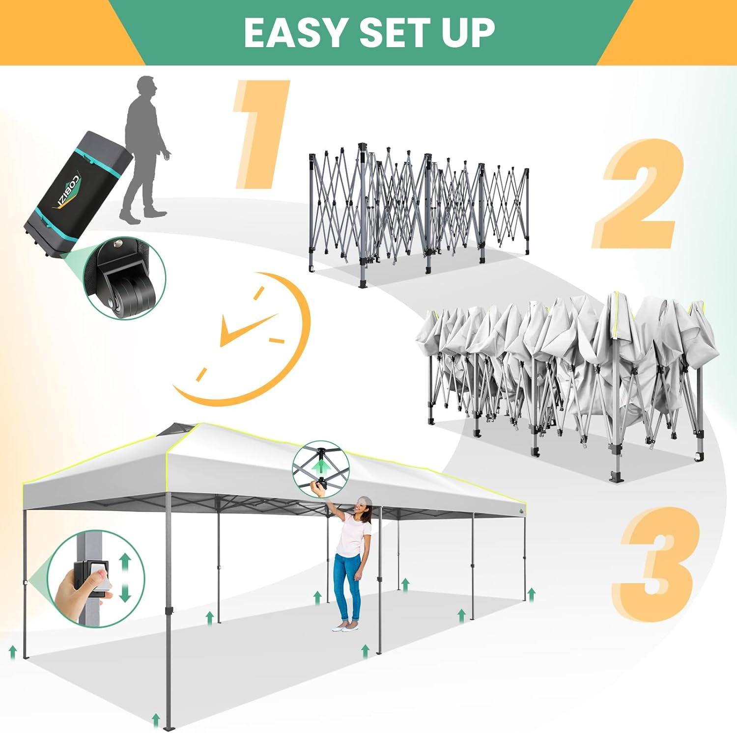 image:imageCOBIZI 10x30 Pop Up Canopy Wedding Party Tent Without Sidewall One Push Setup Glow 3 Adjustable Height Air Vent Waterproof UPF50 Wheeled Bag 4 Sandbag 8 Stake Ropes for Commercial Outdoor