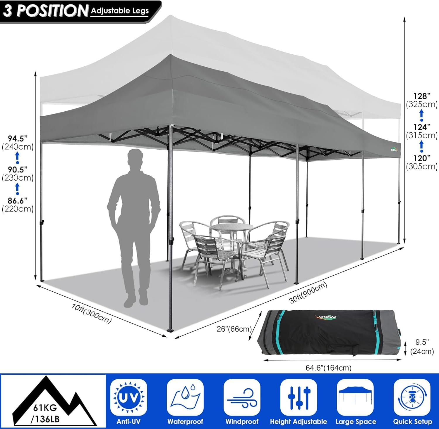 image:imageCOBIZI 10x30 Pop up Canopy Tent 10x30 Canopy with Sidewalls Heavy Duty Party Tent Tents for Parties Foldable UPF 50 Waterproof Commercial Easy up Canopy with Roller Bag GreyWindproof Upgraded