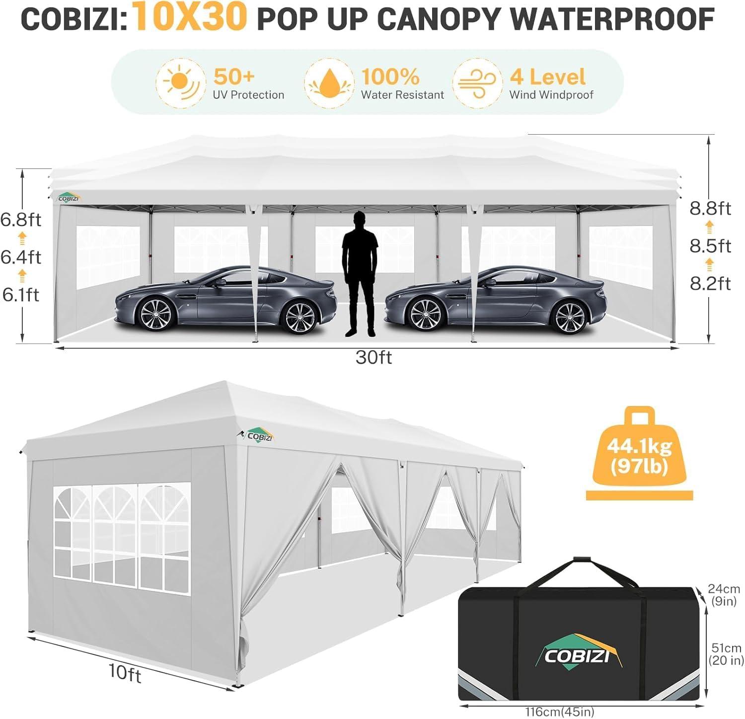image:imageCOBIZI 10x30 Pop up Canopy Tent for Parties Protable Canopy Tent with 8 Sidewalls Waterproof Commercial Instant Shelter Tent for Wedding Courtyard with Carry Bag and 4 Sandbags10x30FT White