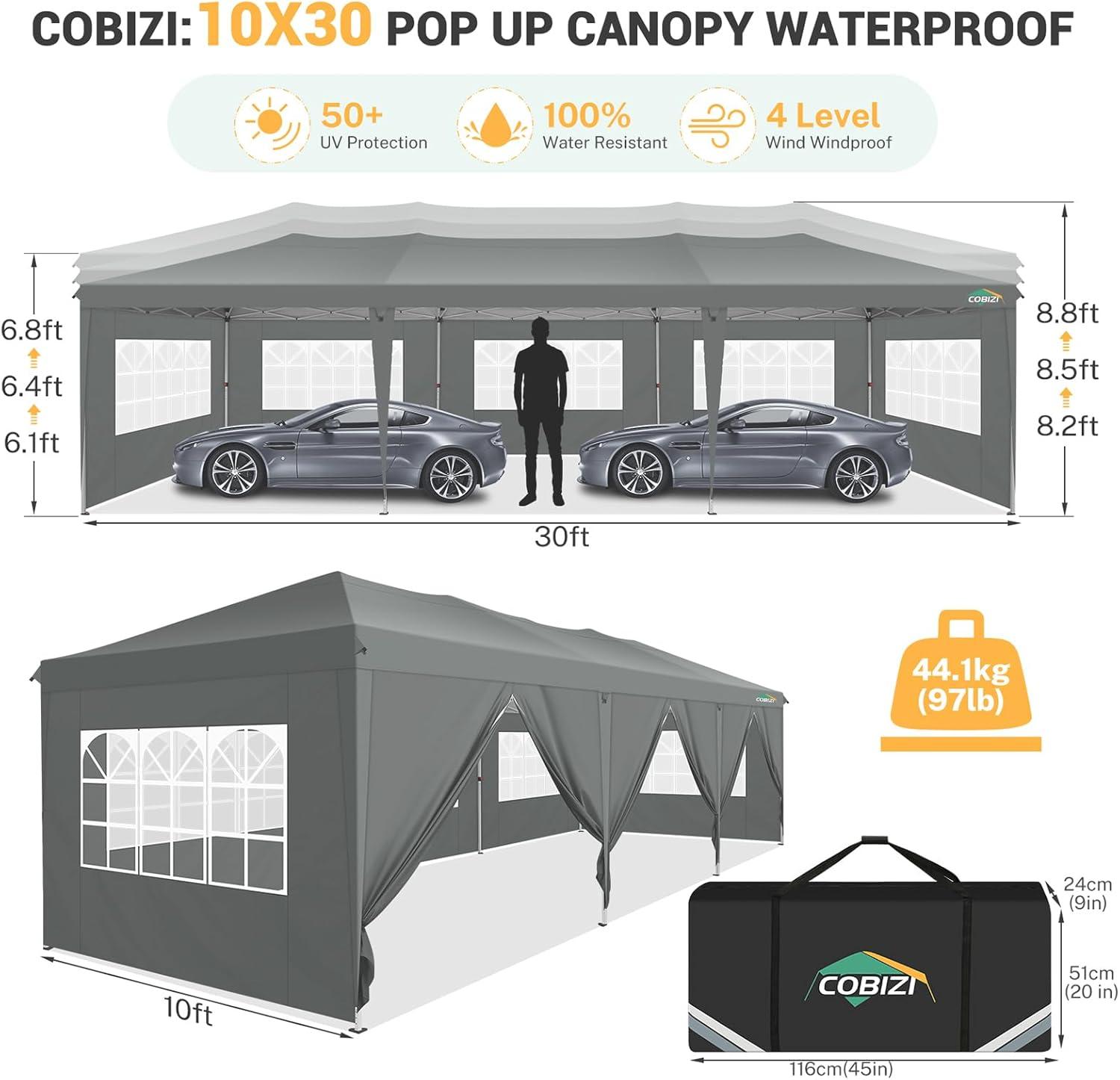 image:imageCOBIZI 10x30 Pop up Canopy Tent for Parties Protable Canopy Tent with 8 Sidewalls Waterproof Commercial Instant Shelter Tent for Wedding Courtyard with Carry Bag and 4 Sandbags10x30FT Grey