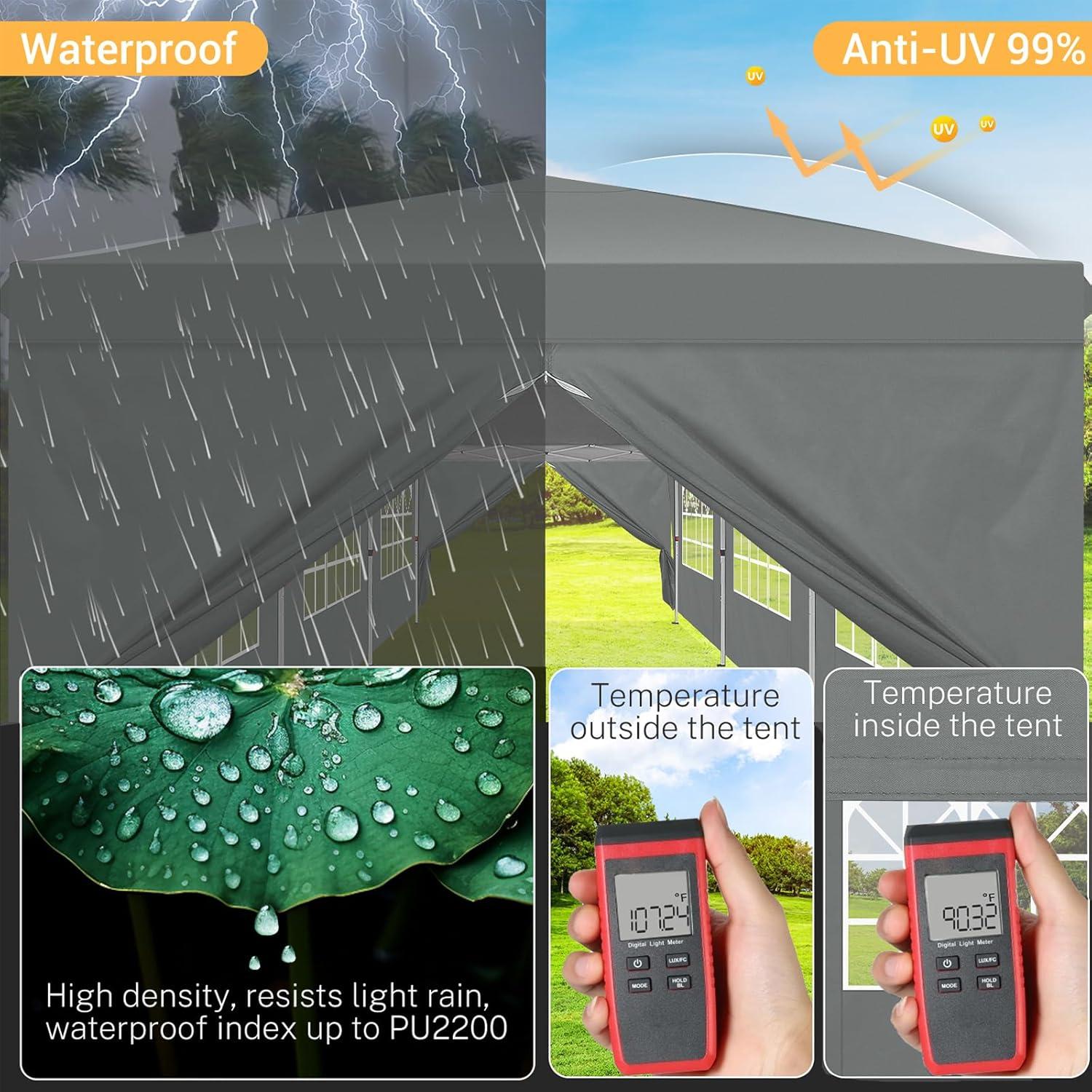 image:imageCOBIZI 10x30 Pop up Canopy Tent for Parties Protable Canopy Tent with 8 Sidewalls Waterproof Commercial Instant Shelter Tent for Wedding Courtyard with Carry Bag and 4 Sandbags10x30FT Grey