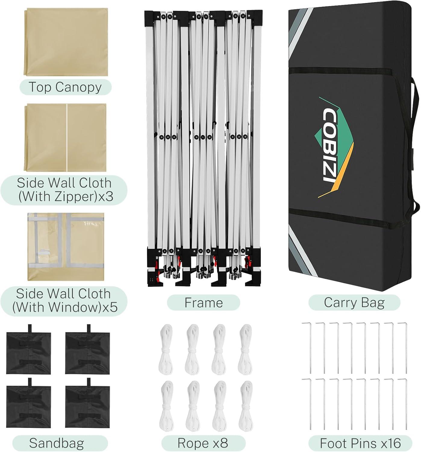 image:imageCOBIZI 10x30 Pop up Canopy Tent for Parties Protable Canopy Tent with 8 Sidewalls Waterproof Commercial Instant Shelter for Wedding Courtyard with Carry Bag and 4 Sandbags10x30FT Khaki