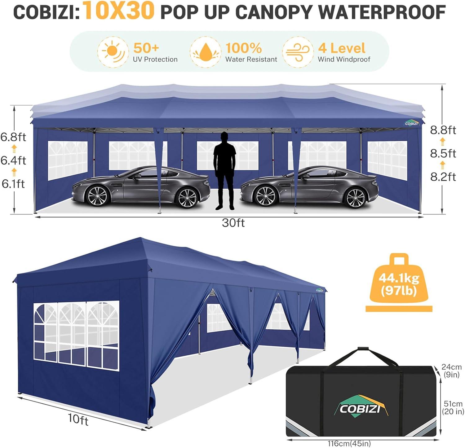 image:imageCOBIZI 10x30 Pop up Canopy Tent for Parties Protable Canopy Tent with 8 Sidewalls Waterproof Commercial Instant Shelter for Wedding Courtyard with Carry Bag and 4 Sandbags10x30FT Navy Blue