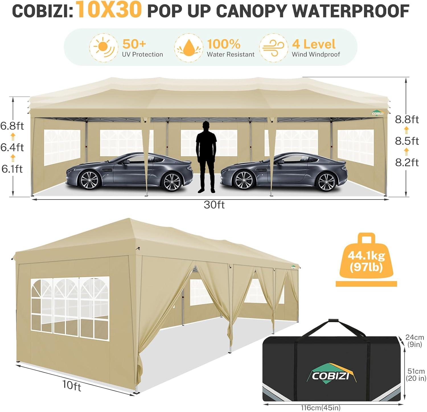 image:imageCOBIZI 10x30 Pop up Canopy Tent for Parties Protable Canopy Tent with 8 Sidewalls Waterproof Commercial Instant Shelter for Wedding Courtyard with Carry Bag and 4 Sandbags10x30FT Khaki
