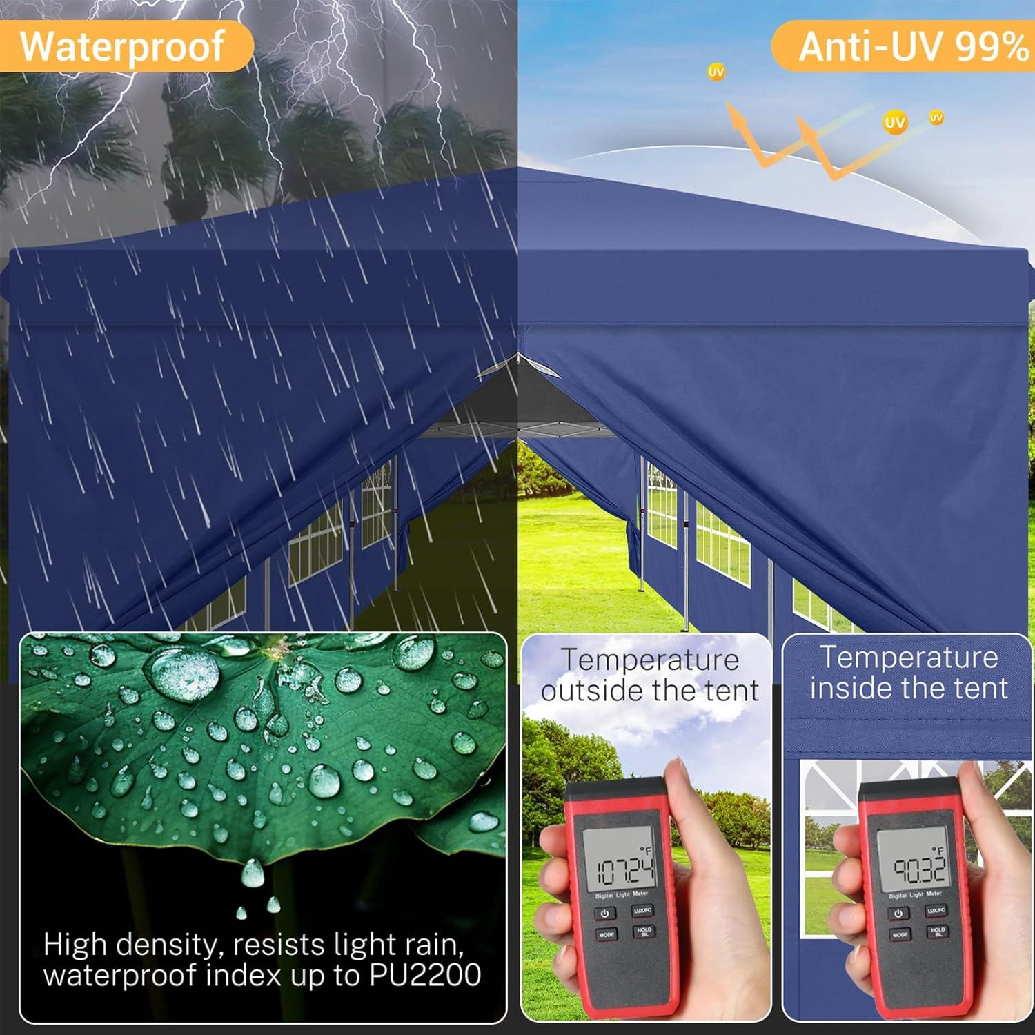 image:imageCOBIZI 10x30 Pop up Canopy Tent for Parties Protable Canopy Tent with 8 Sidewalls Waterproof Commercial Instant Shelter for Wedding Courtyard with Carry Bag and 4 Sandbags10x30FT Navy Blue