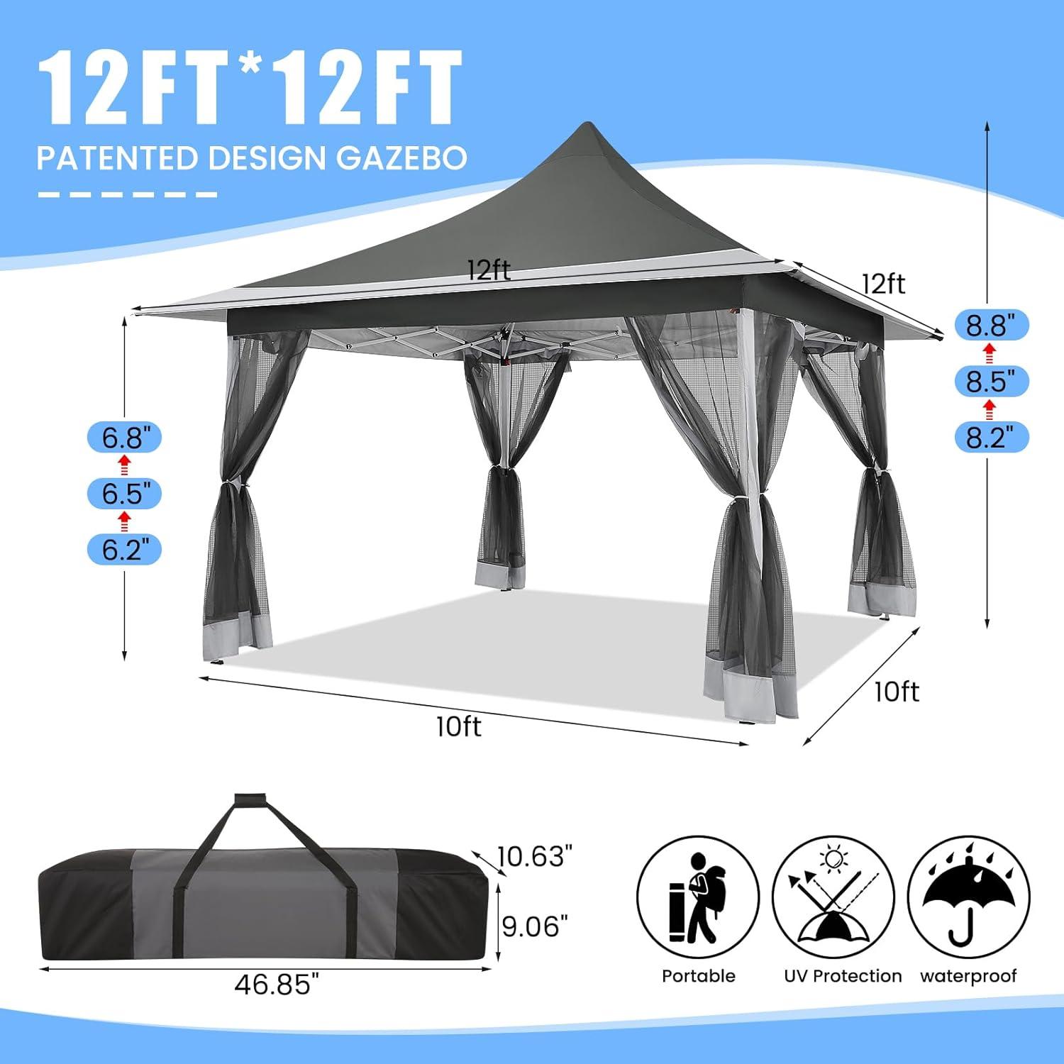 image:imageCOBIZI 11x11 Pop Up Gazebo OnePush Canopy Tent Carpas Para Patio Outdoor Canopy Shelter with Double Roof Ventiation 121 Square Feet of Shade for Lawn Garden Backyard and Deck Gray Upgraded 20Darkgrey