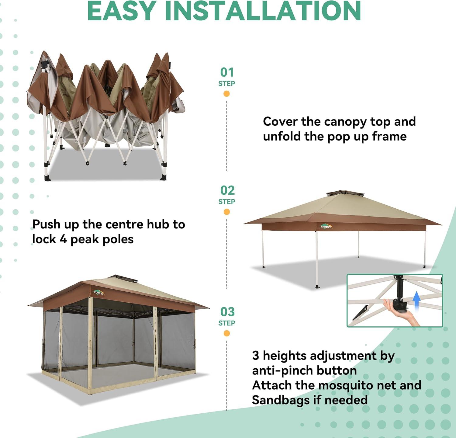 image:imageCOBIZI 11x11 Pop Up Gazebo OnePush Canopy Tent Carpas Para Patio Outdoor Canopy Shelter with Double Roof Ventiation 121 Square Feet of Shade for Lawn Garden Backyard and Deck Gray Upgraded 20Khaki