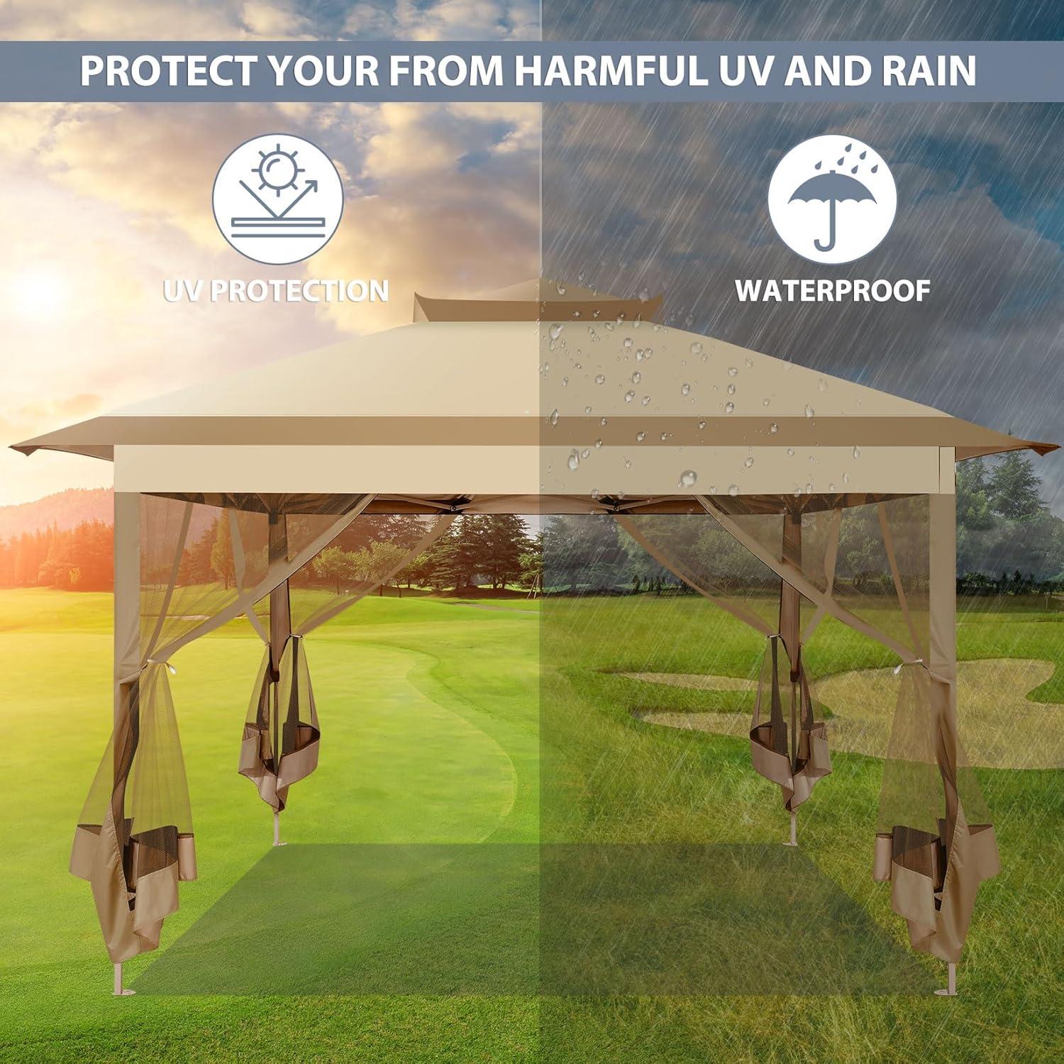image:imageCOBIZI 11x11 Pop Up Gazebo OnePush Canopy Tent Carpas Para Patio Outdoor Canopy Shelter with Double Roof Ventiation 121 Square Feet of Shade for Lawn Garden Backyard and Deck Gray Upgraded 20Khaki