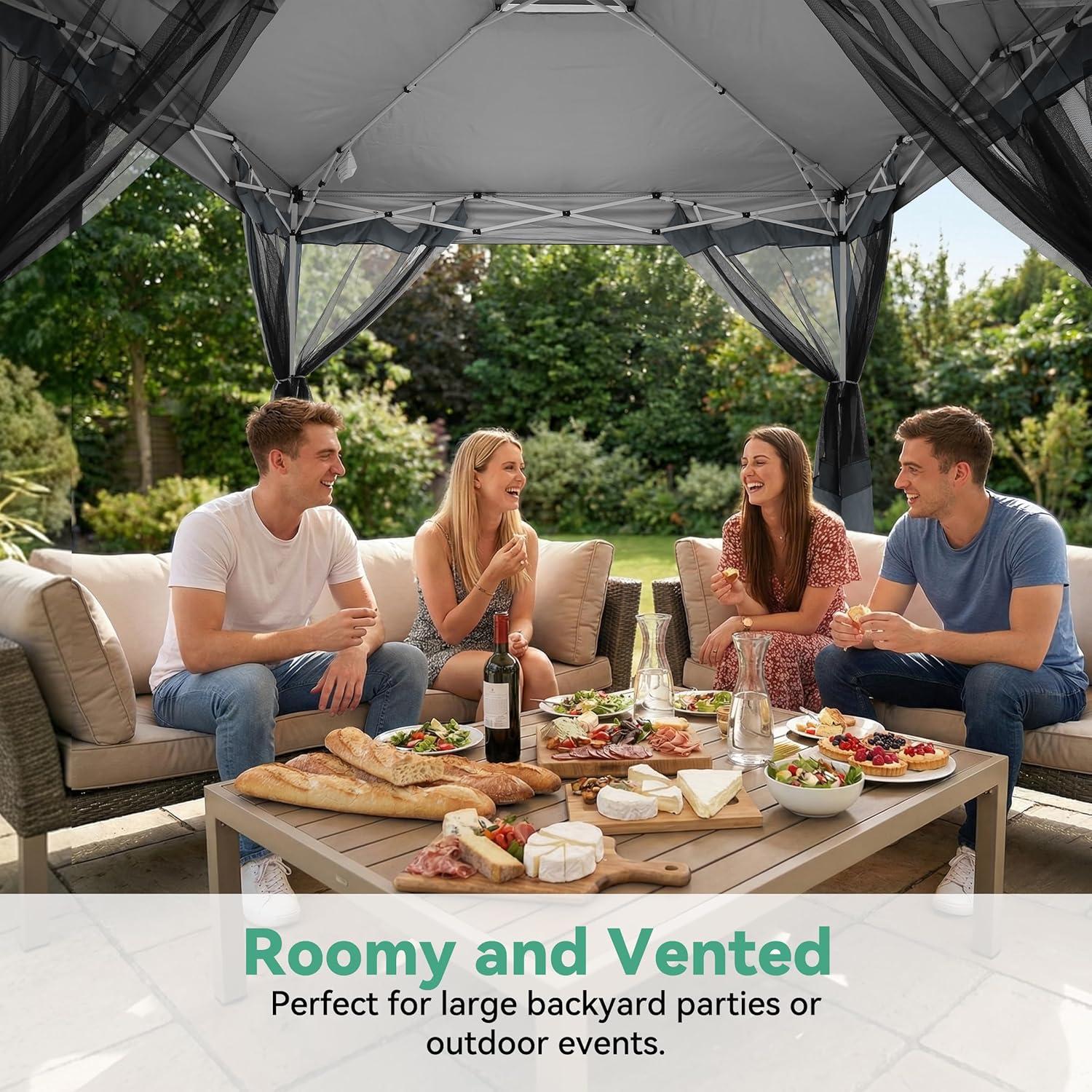 image:imageCOBIZI 11x11 Pop Up Gazebo OnePush Canopy Tent Carpas Para Patio Outdoor Canopy Shelter with Double Roof Ventiation 121 Square Feet of Shade for Lawn Garden Backyard and Deck Gray Upgraded 20GrayUpgrade