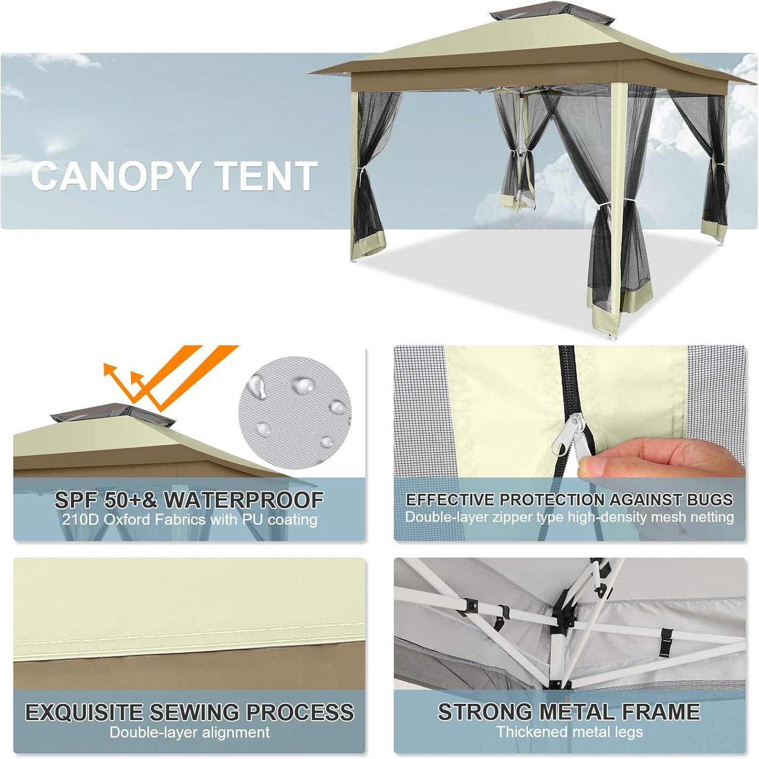 image:imageCOBIZI 11x11 Pop Up Gazebo OnePush Canopy Tent Carpas Para Patio Outdoor Canopy Shelter with Double Roof Ventiation 121 Square Feet of Shade for Lawn Garden Backyard and Deck Gray Upgraded 20Khaki