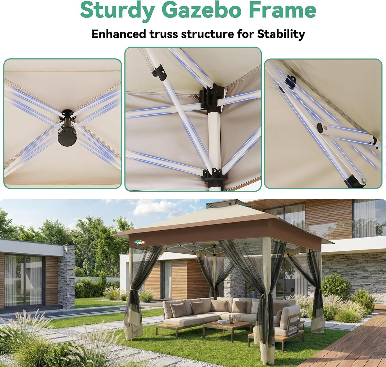 image:imageCOBIZI 11x11 Pop Up Gazebo OnePush Canopy Tent Carpas Para Patio Outdoor Canopy Shelter with Double Roof Ventiation 121 Square Feet of Shade for Lawn Garden Backyard and Deck Gray Upgraded 20Khaki