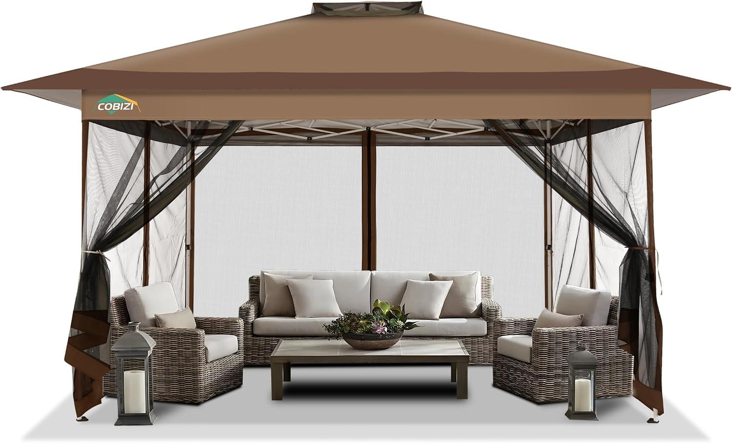 image:imageCOBIZI 11x11 Pop Up Gazebo OnePush Canopy Tent Carpas Para Patio Outdoor Canopy Shelter with Double Roof Ventiation 121 Square Feet of Shade for Lawn Garden Backyard and Deck Gray Upgraded 20BrownUpgraded