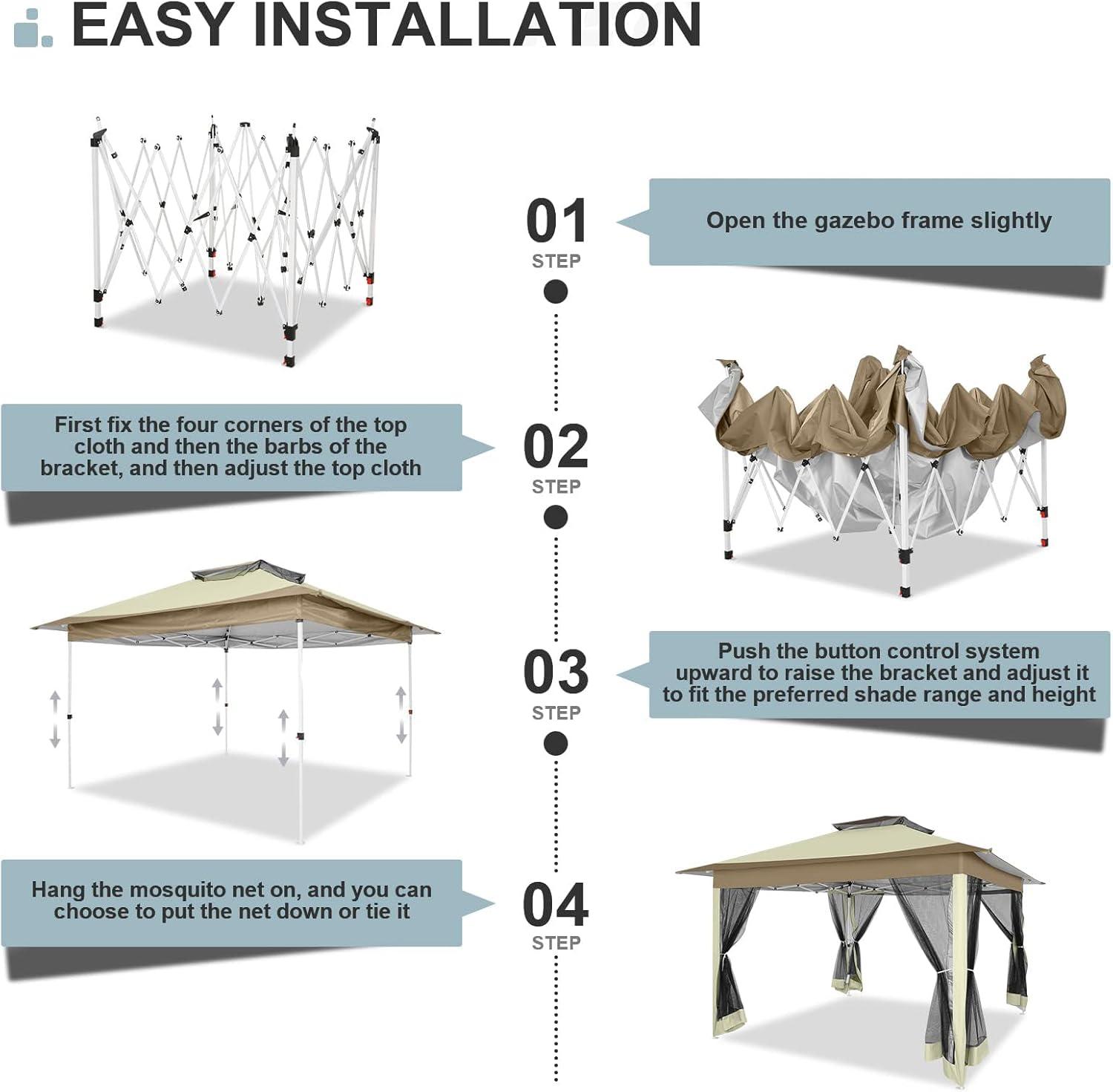 image:imageCOBIZI 11x11 Pop Up Gazebo OnePush Canopy Tent Carpas Para Patio Outdoor Canopy Shelter with Double Roof Ventiation 121 Square Feet of Shade for Lawn Garden Backyard and Deck Gray Upgraded 20Khaki