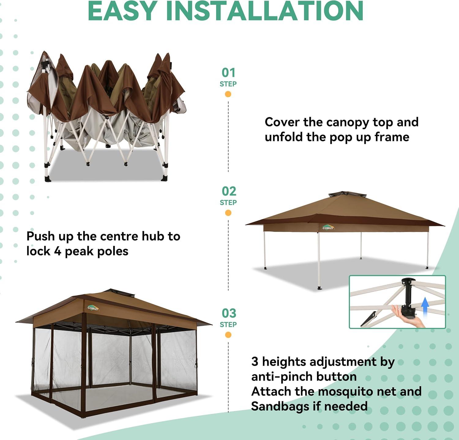 image:imageCOBIZI 11x11 Pop Up Gazebo OnePush Canopy Tent Carpas Para Patio Outdoor Canopy Shelter with Double Roof Ventiation 121 Square Feet of Shade for Lawn Garden Backyard and Deck Gray Upgraded 20BrownUpgraded